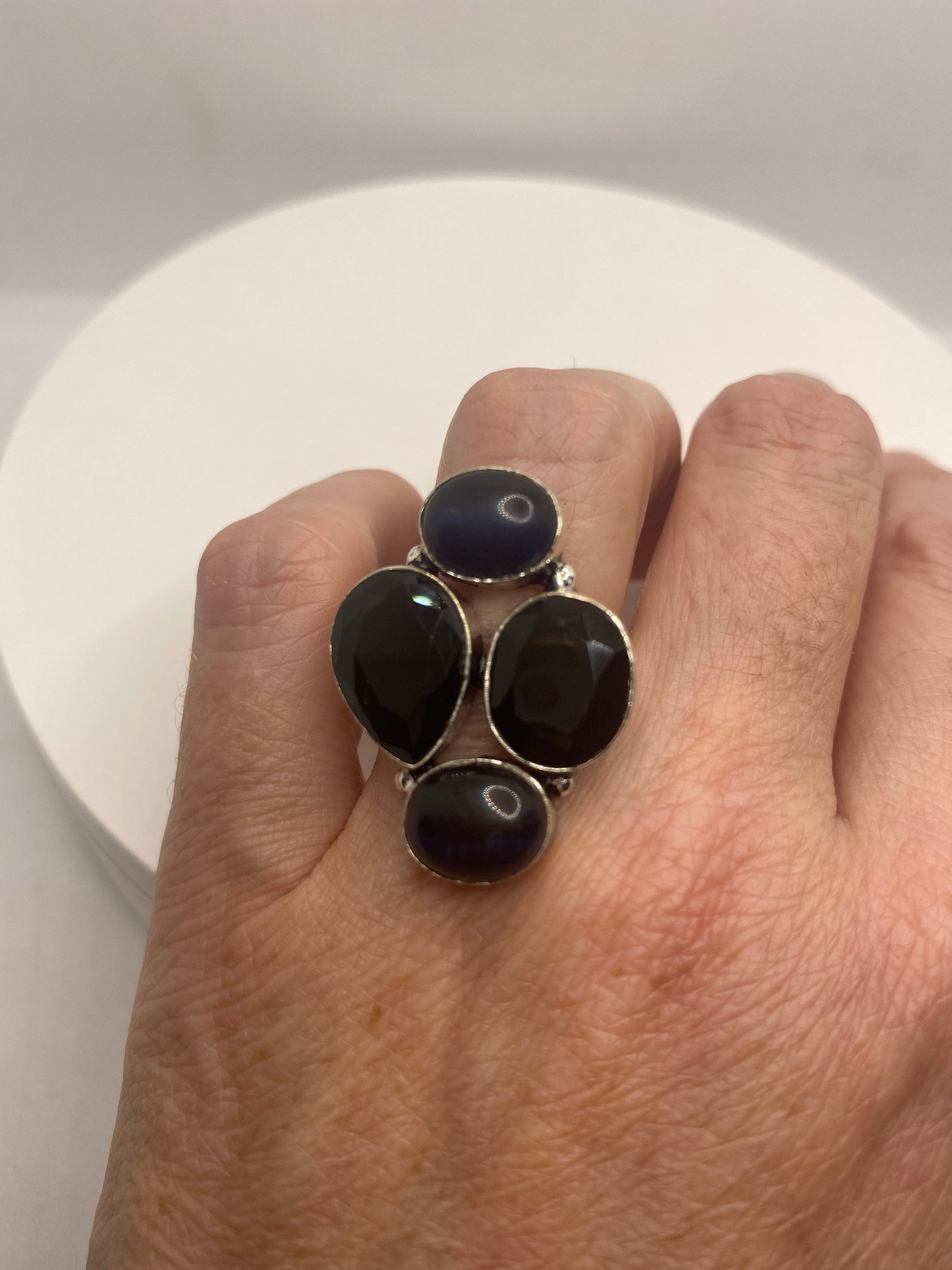 Vintage Faceted Black Onyx Cats Eye Silver Ring Size 6