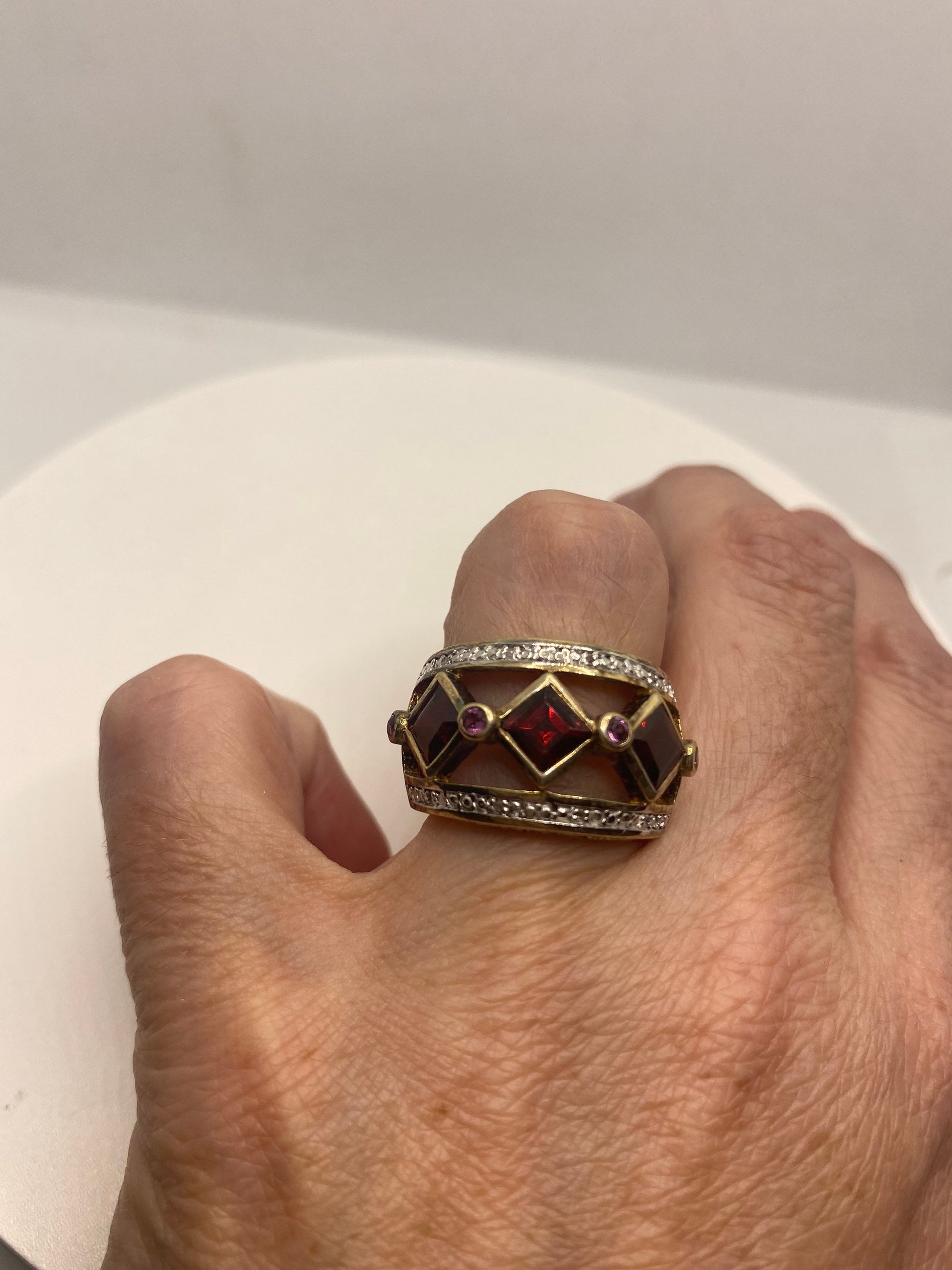 Vintage Red Bohemian Garnet Ring Golden 925 Sterling Silver Cocktail Statement