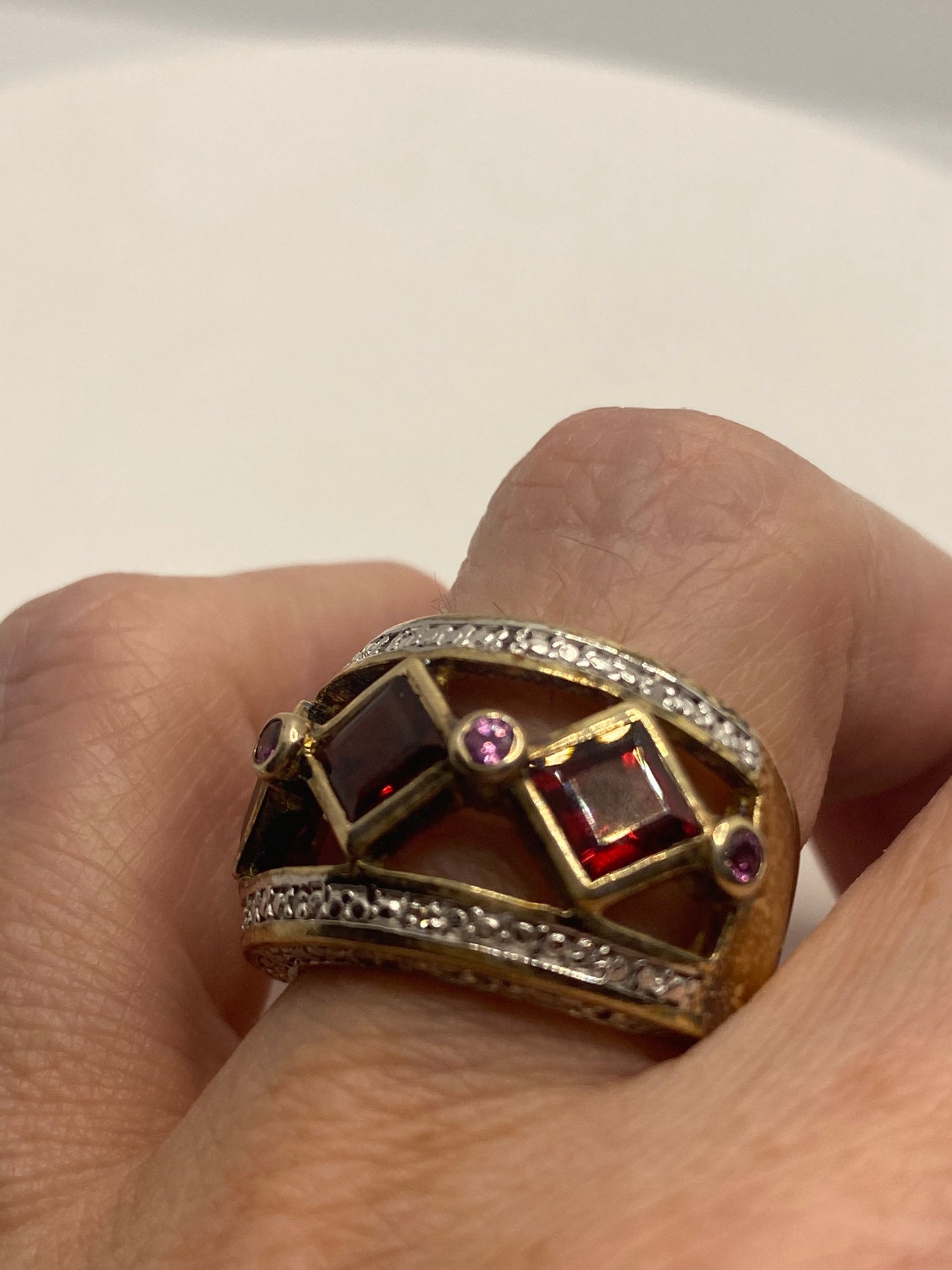 Vintage Red Bohemian Garnet Ring Golden 925 Sterling Silver Cocktail Statement