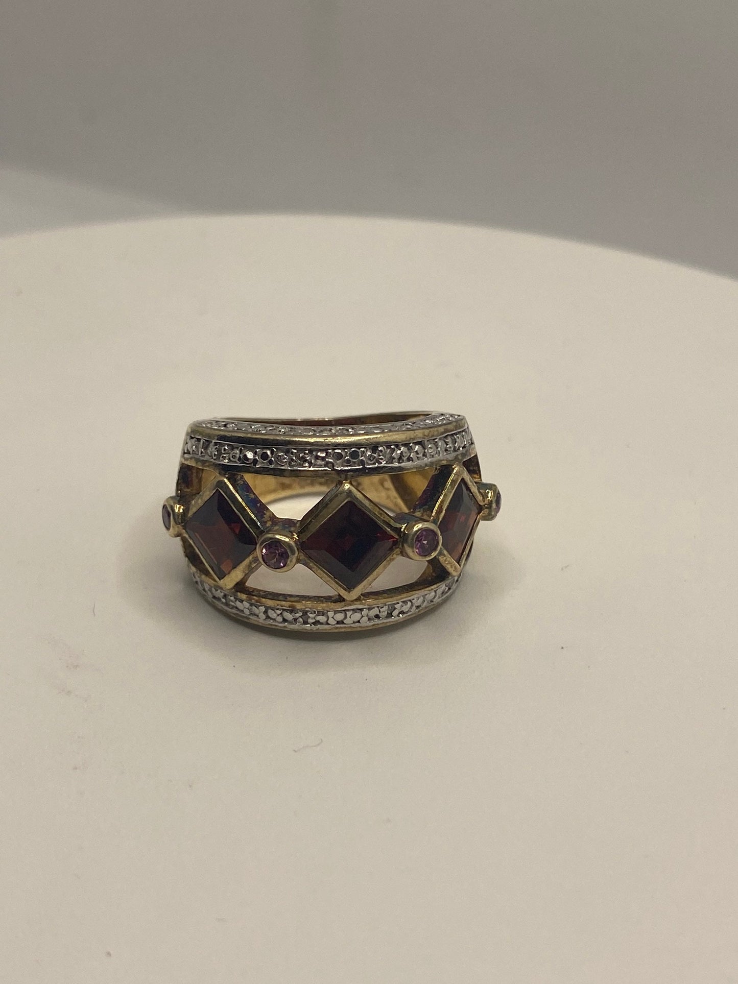 Vintage Red Bohemian Garnet Ring Golden 925 Sterling Silver Cocktail Statement