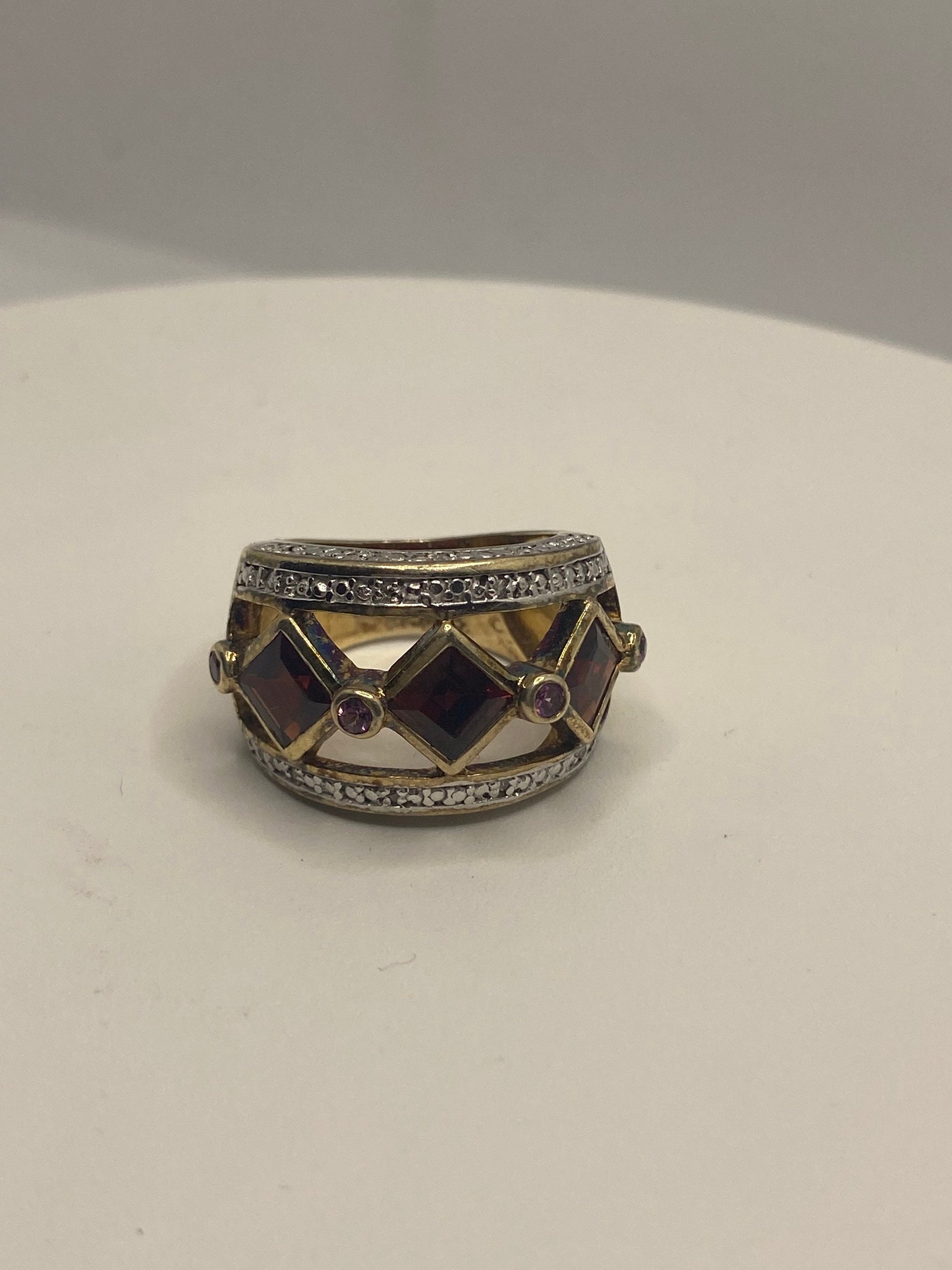 Vintage Red Bohemian Garnet Ring Golden 925 Sterling Silver Cocktail Statement