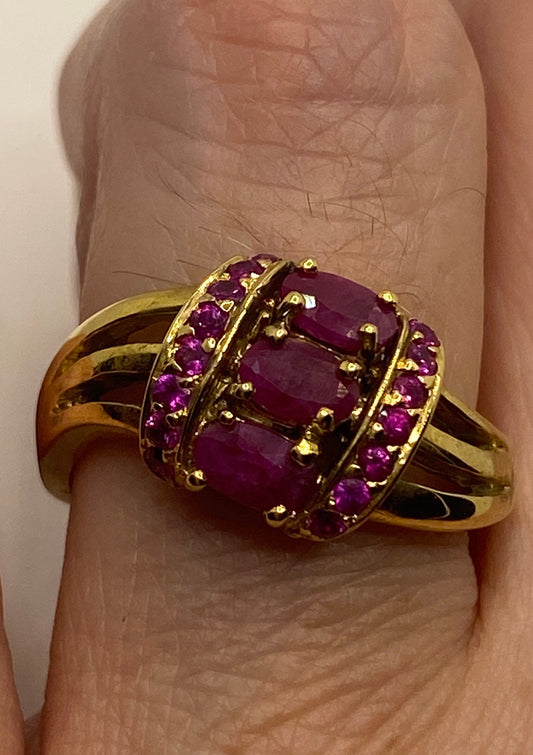 Vintage Pink Ruby Golden 925 Sterling Silver Band Ring