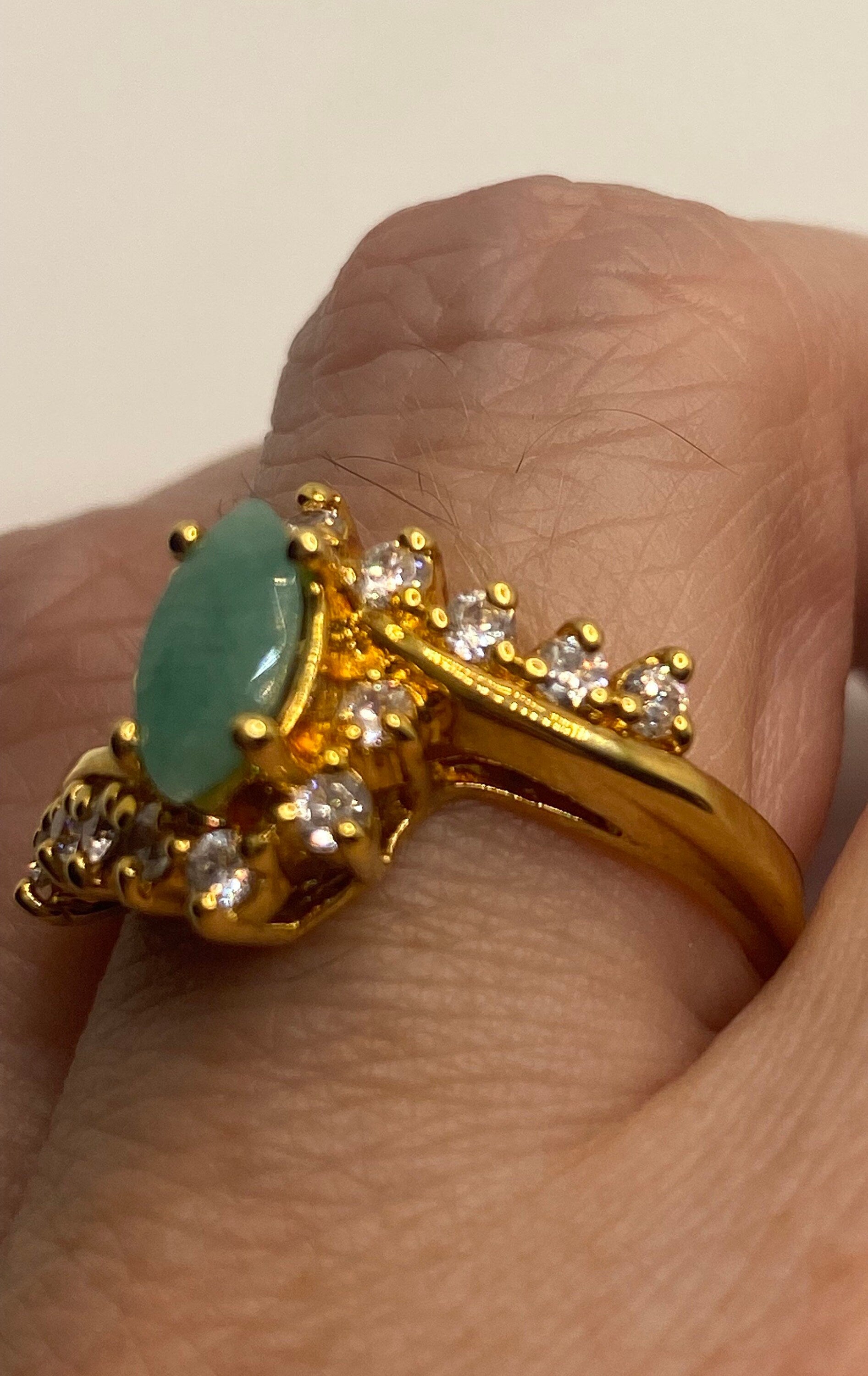 Vintage Green Emerald Golden 925 Sterling Silver Cocktail Ring