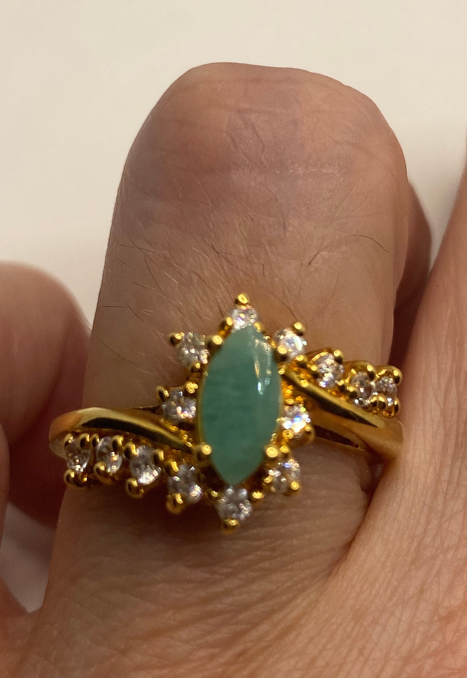 Vintage Green Emerald Golden 925 Sterling Silver Cocktail Ring