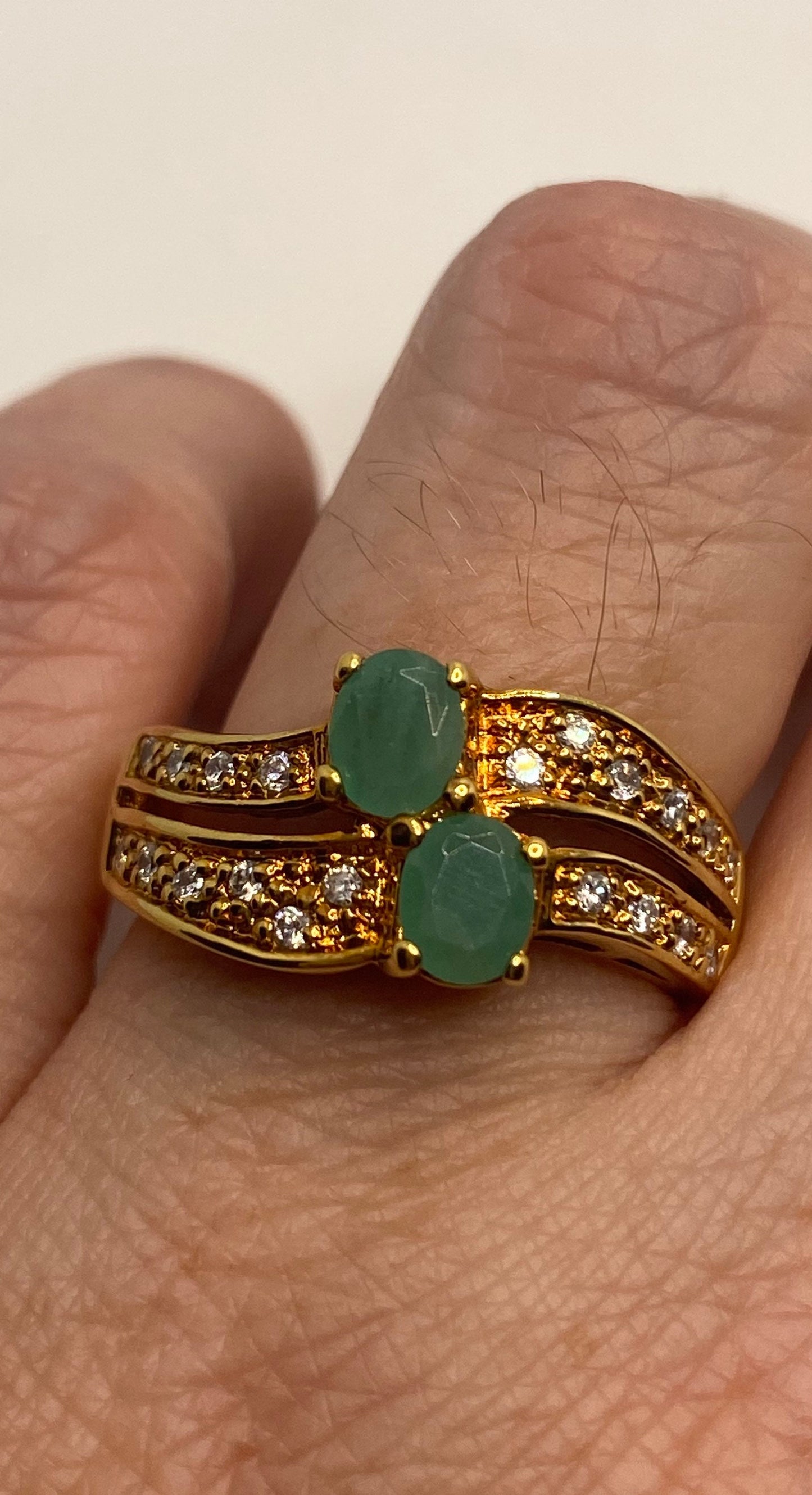 Vintage Green Emerald Golden 925 Sterling Silver Cocktail Ring