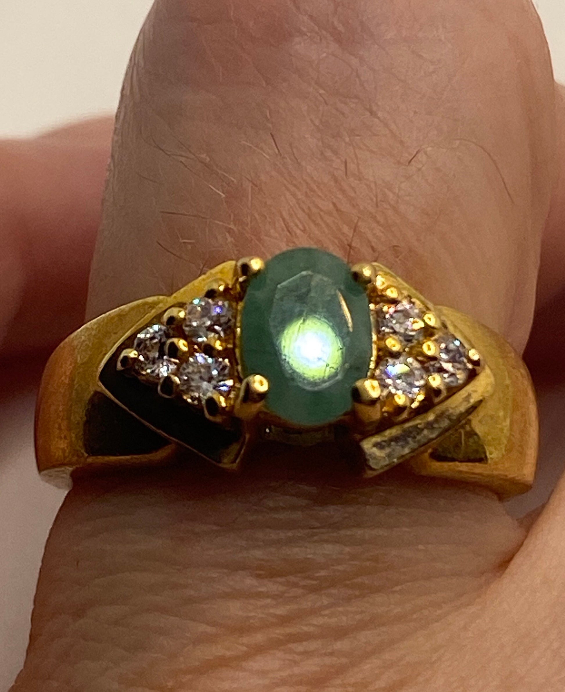 Vintage Green Emerald Golden 925 Sterling Silver Cocktail Ring