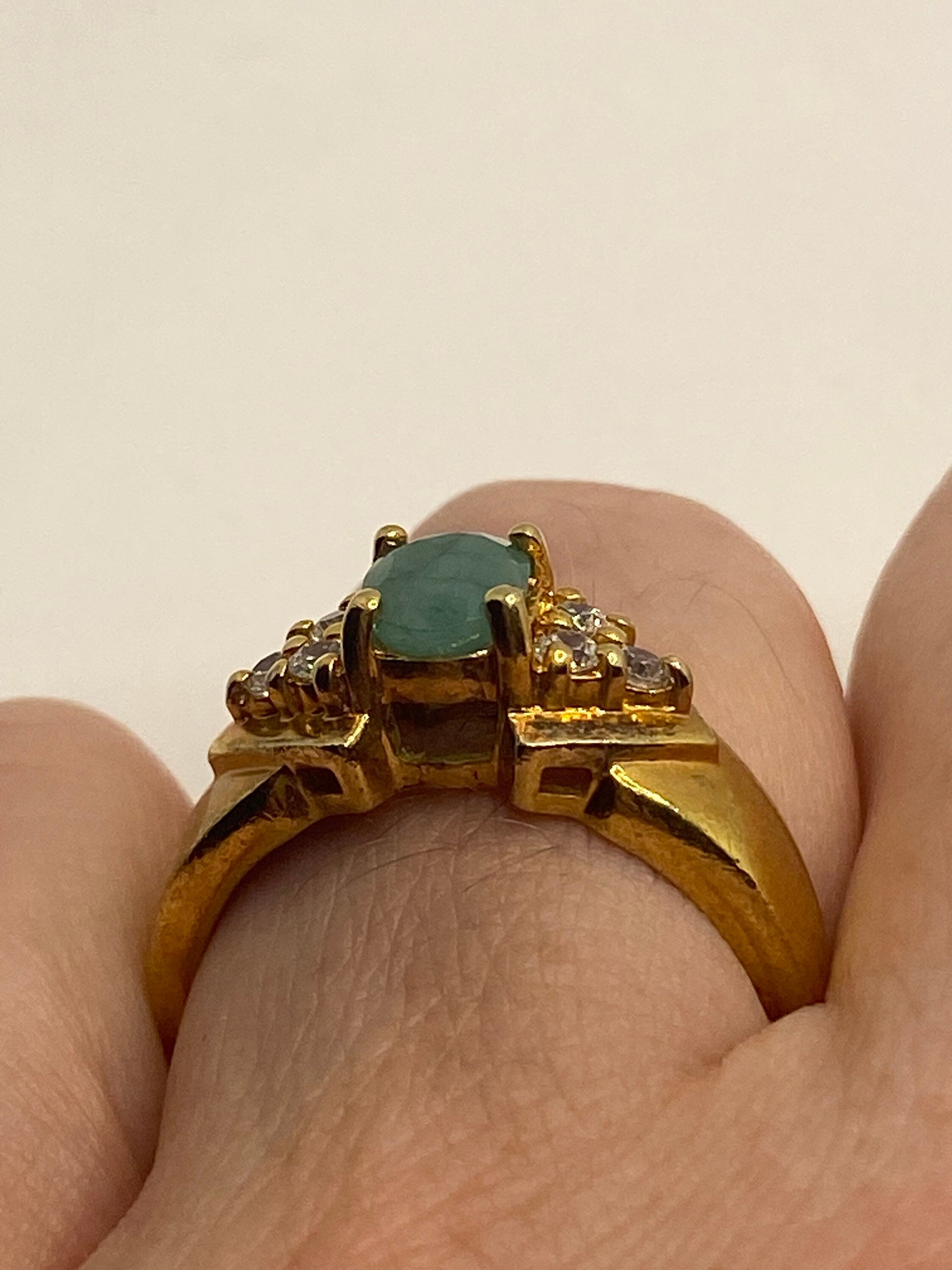 Vintage Green Emerald Golden 925 Sterling Silver Cocktail Ring