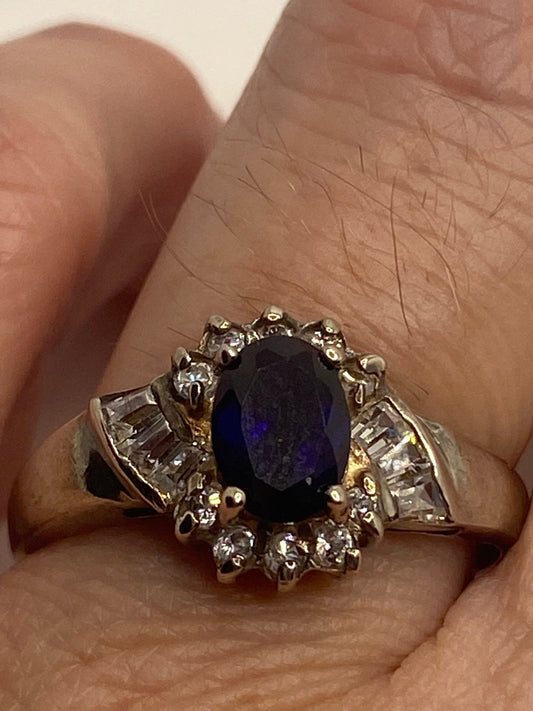 Vintage Blue Sapphire and White Sapphire 925 Sterling Silver Ring