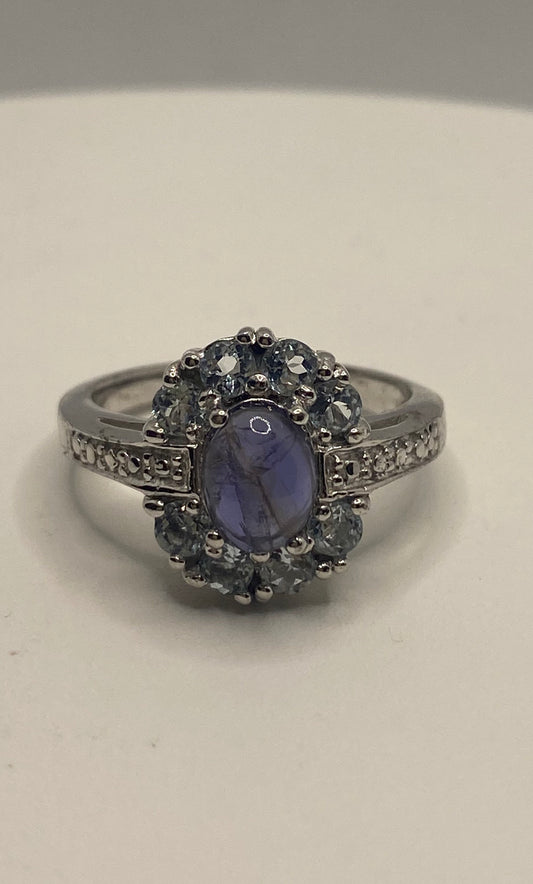 Vintage Blue Sapphire Blue Topaz White Sapphire 925 Sterling Silver Ring Size 9