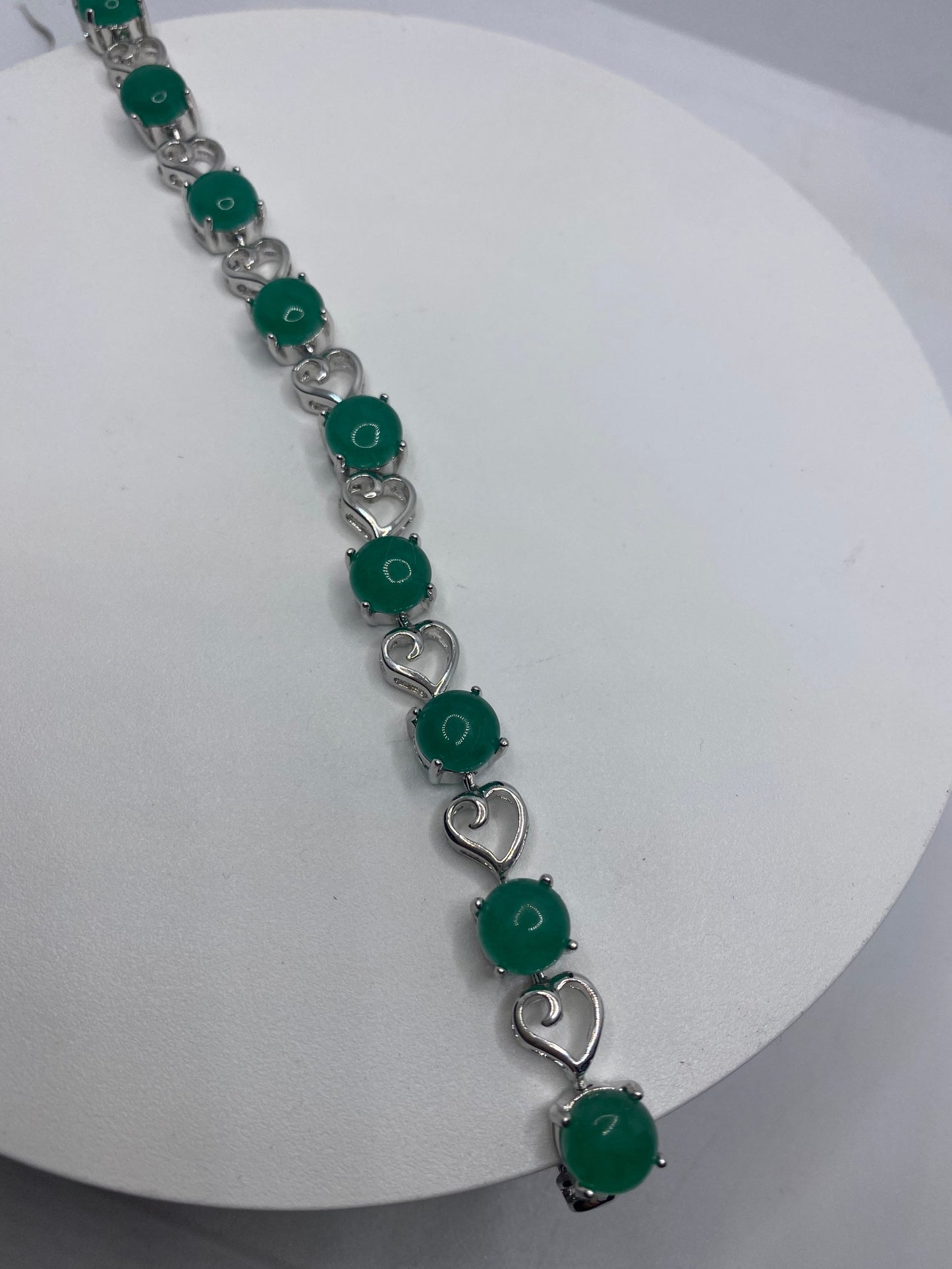 Vintage Green Jade Heart Bracelet Silver Bronze