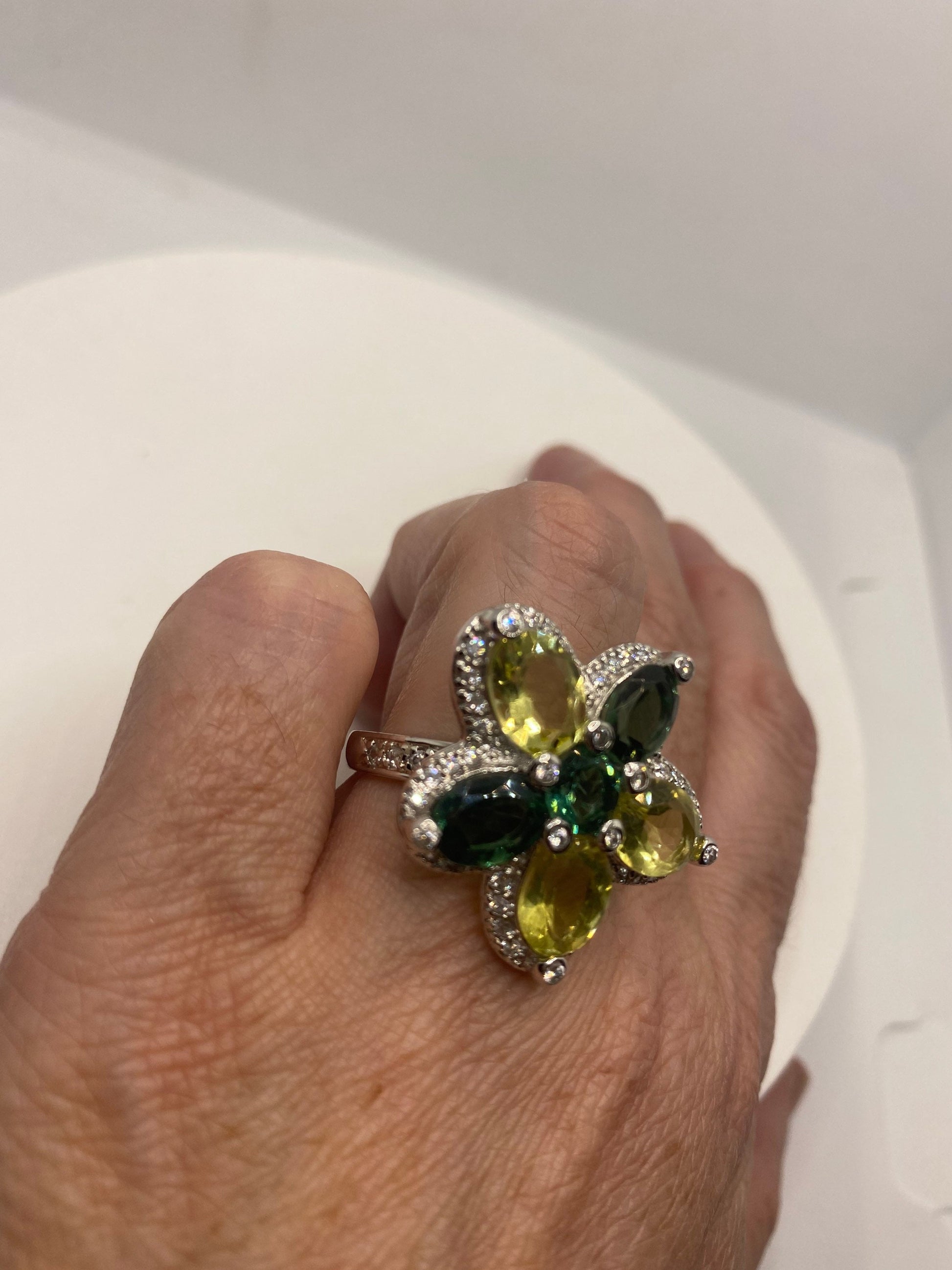 Vintage Lemon Quartz Green Tourmaline and White Sapphire 925 Sterling Silver Flower Cocktail Ring