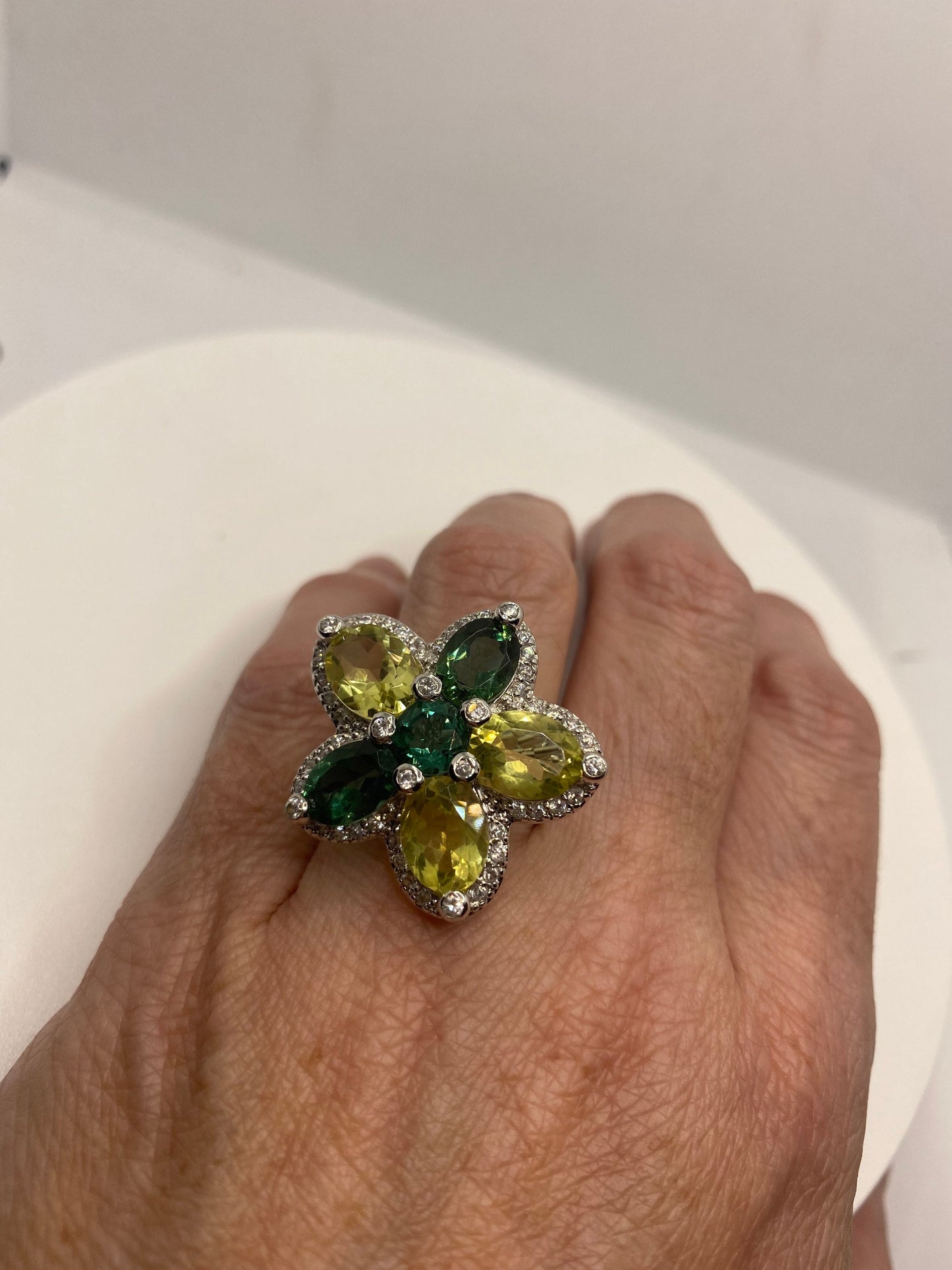 Vintage Lemon Quartz Green Tourmaline and White Sapphire 925 Sterling Silver Flower Cocktail Ring