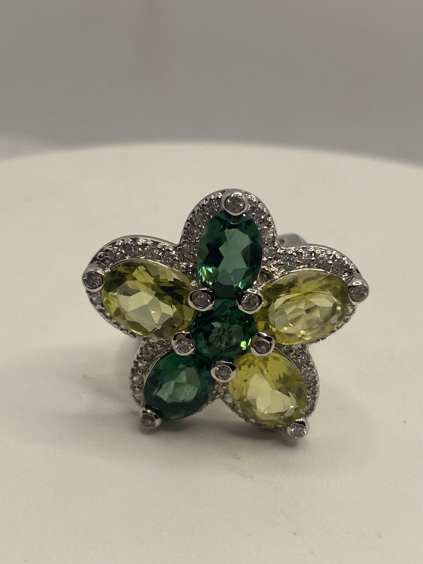 Vintage Lemon Quartz Green Tourmaline and White Sapphire 925 Sterling Silver Flower Cocktail Ring