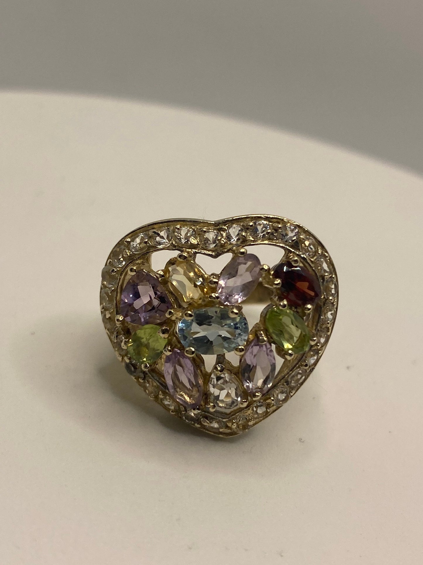 Vintage Mixed Genuine Gemstones 925 Sterling Silver Heart Cocktail Ring