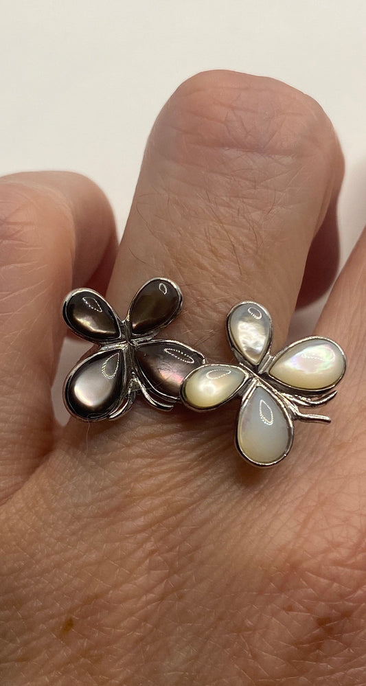 Antique Deco Mother of Pearl Butterfly Moth 925 Sterling Silver Ring