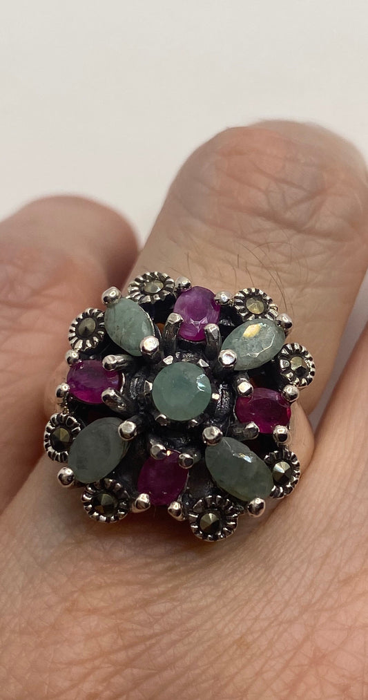 Vintage Green Emerald Ruby Marcasite 925 Sterling Silver Cocktail Ring