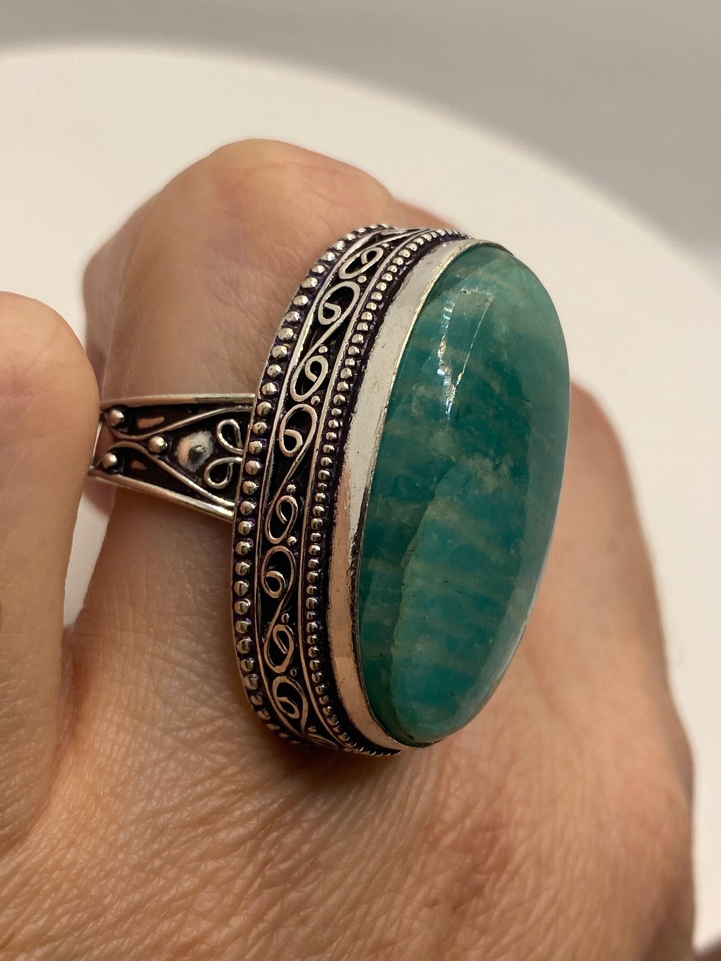 Vintage Green Amazonite Silver Ring Size 8