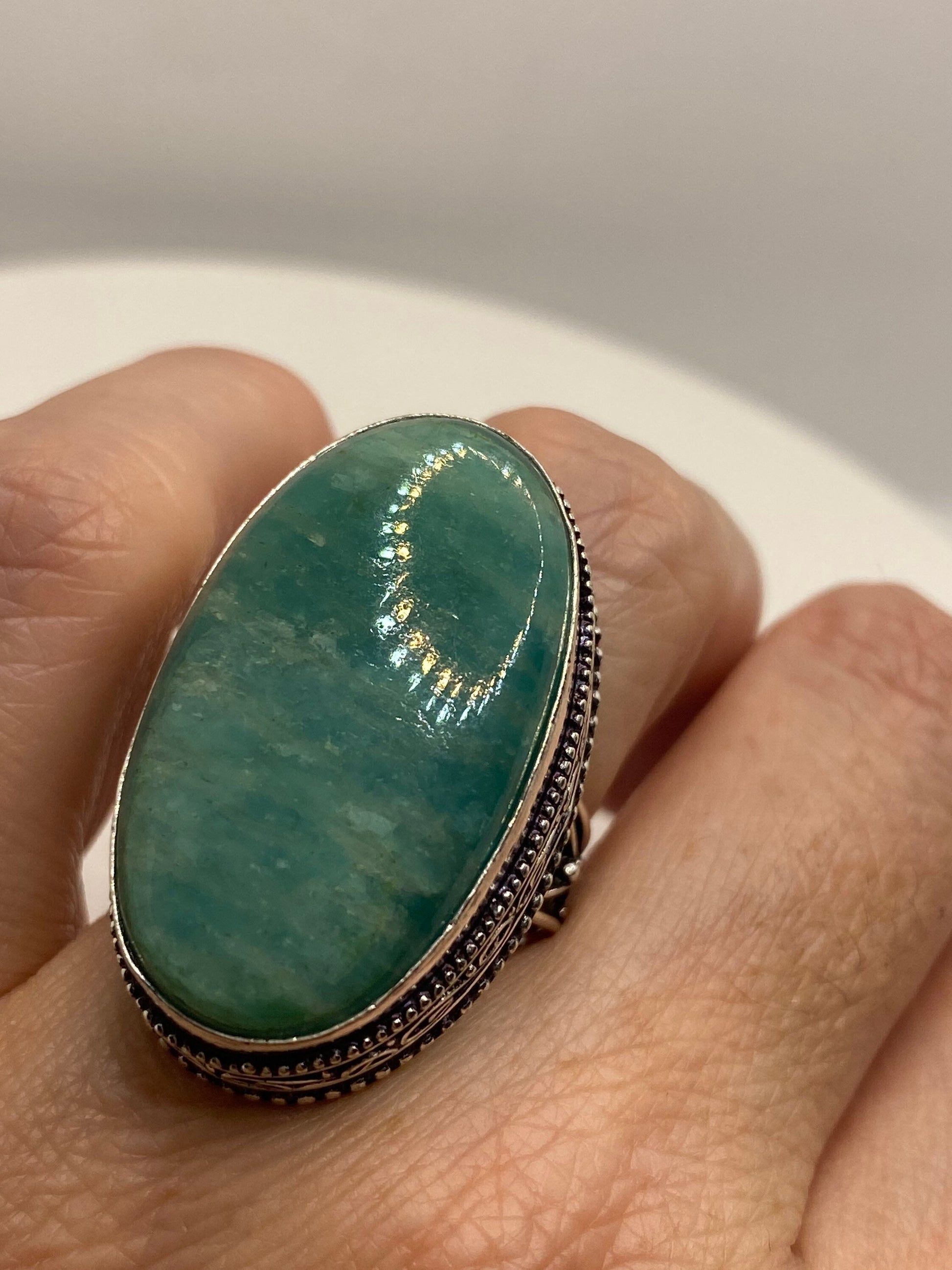 Vintage Green Amazonite Silver Ring Size 8