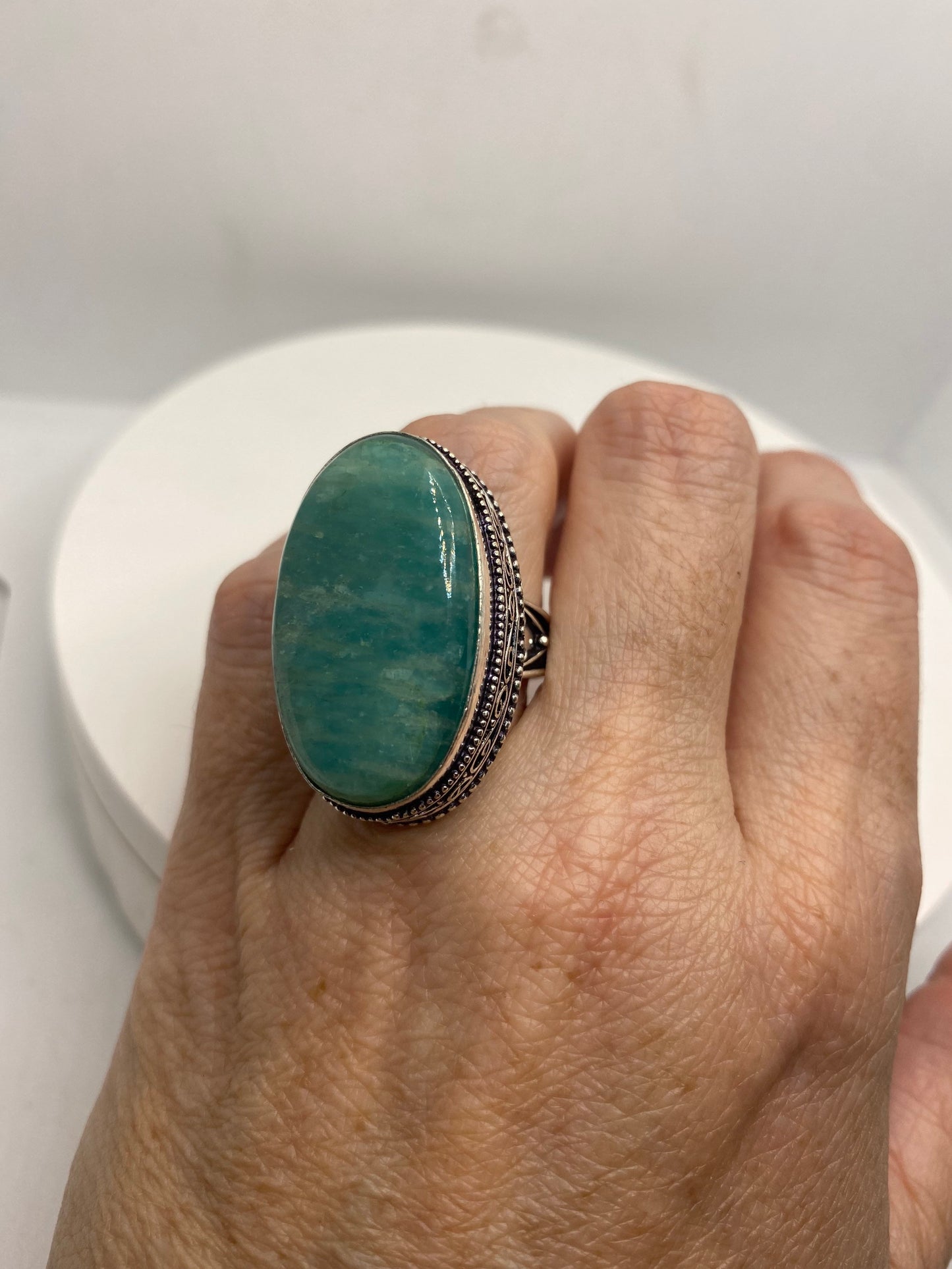 Vintage Green Amazonite Silver Ring Size 8