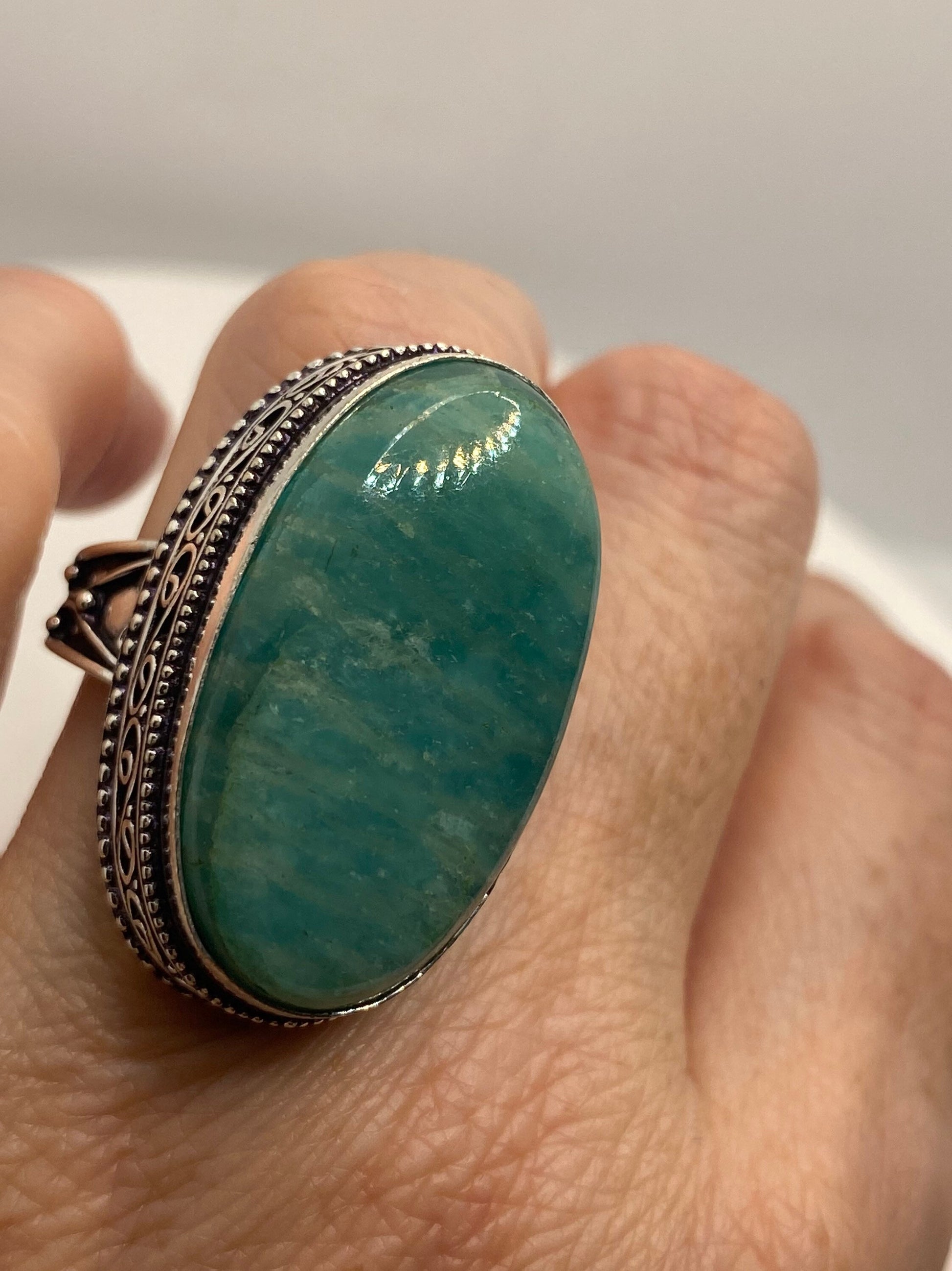 Vintage Green Amazonite Silver Ring Size 8