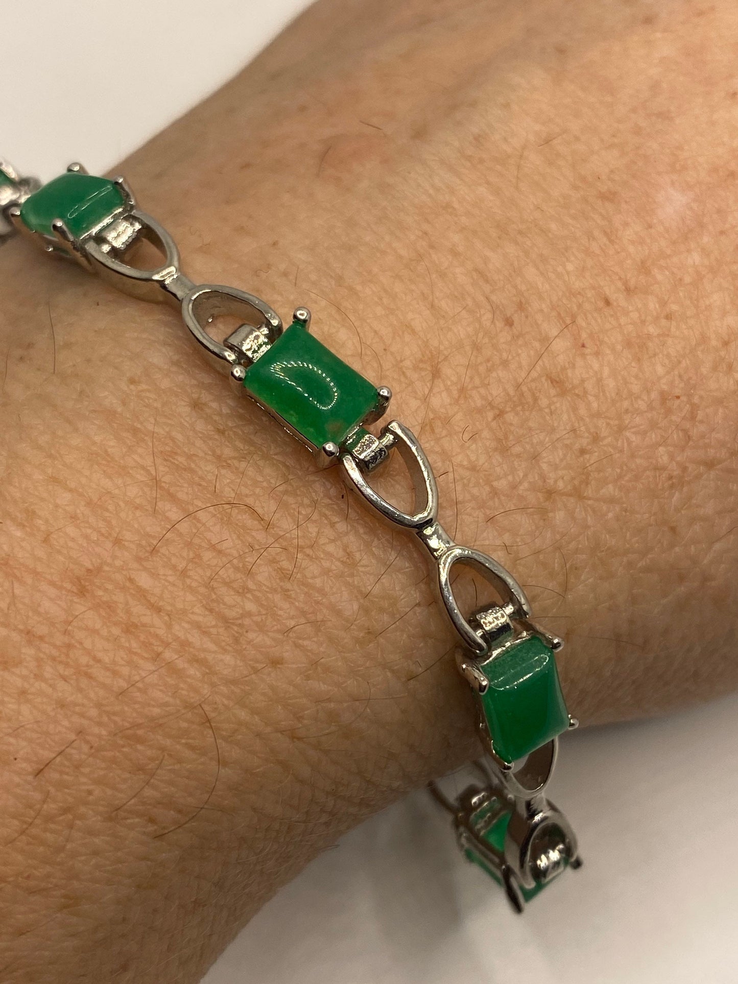 Vintage Green Jade Bracelet Sliver Bronze