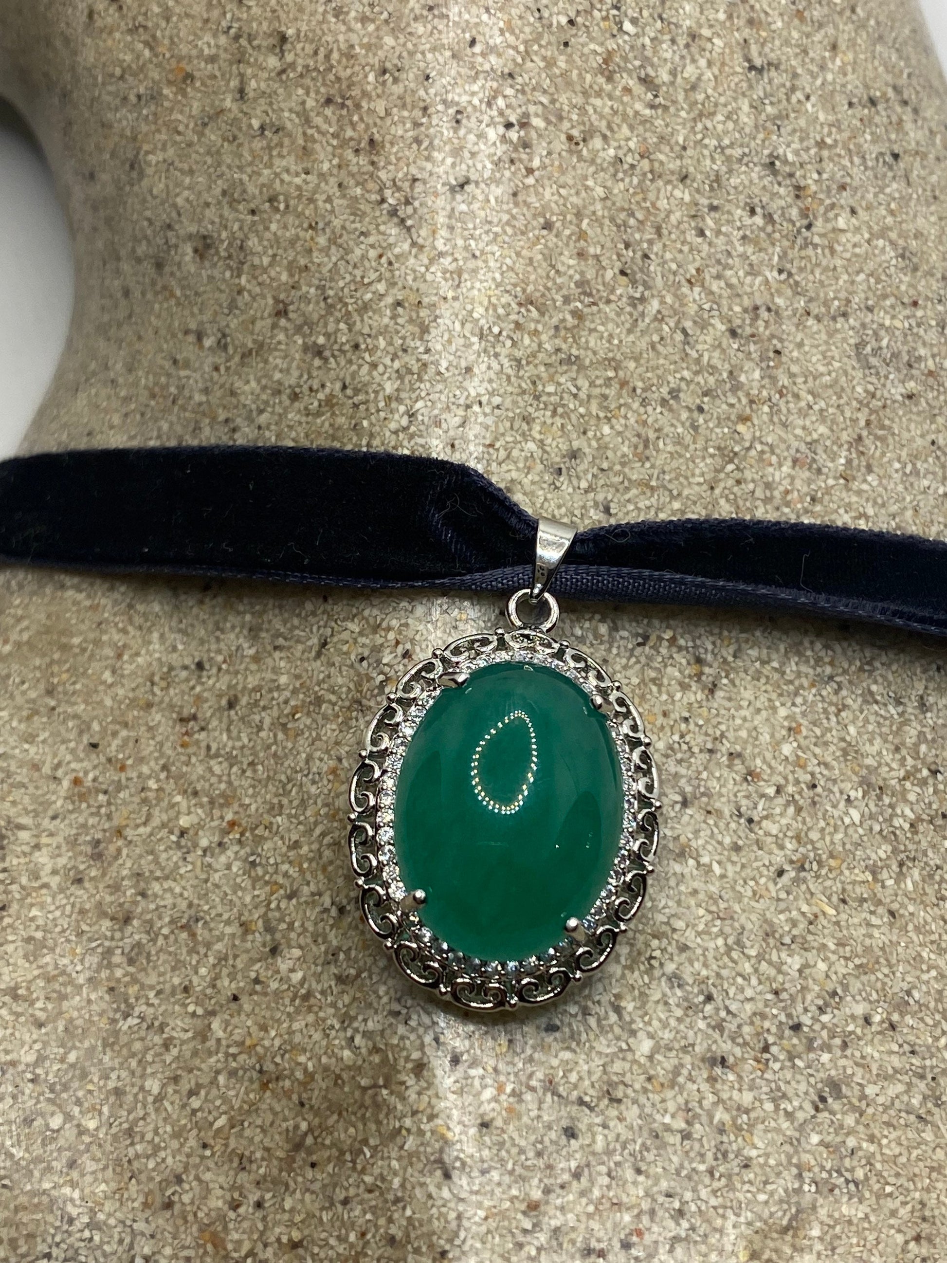 Vintage Green Jade Choker Silver Bronze Necklace Pendant