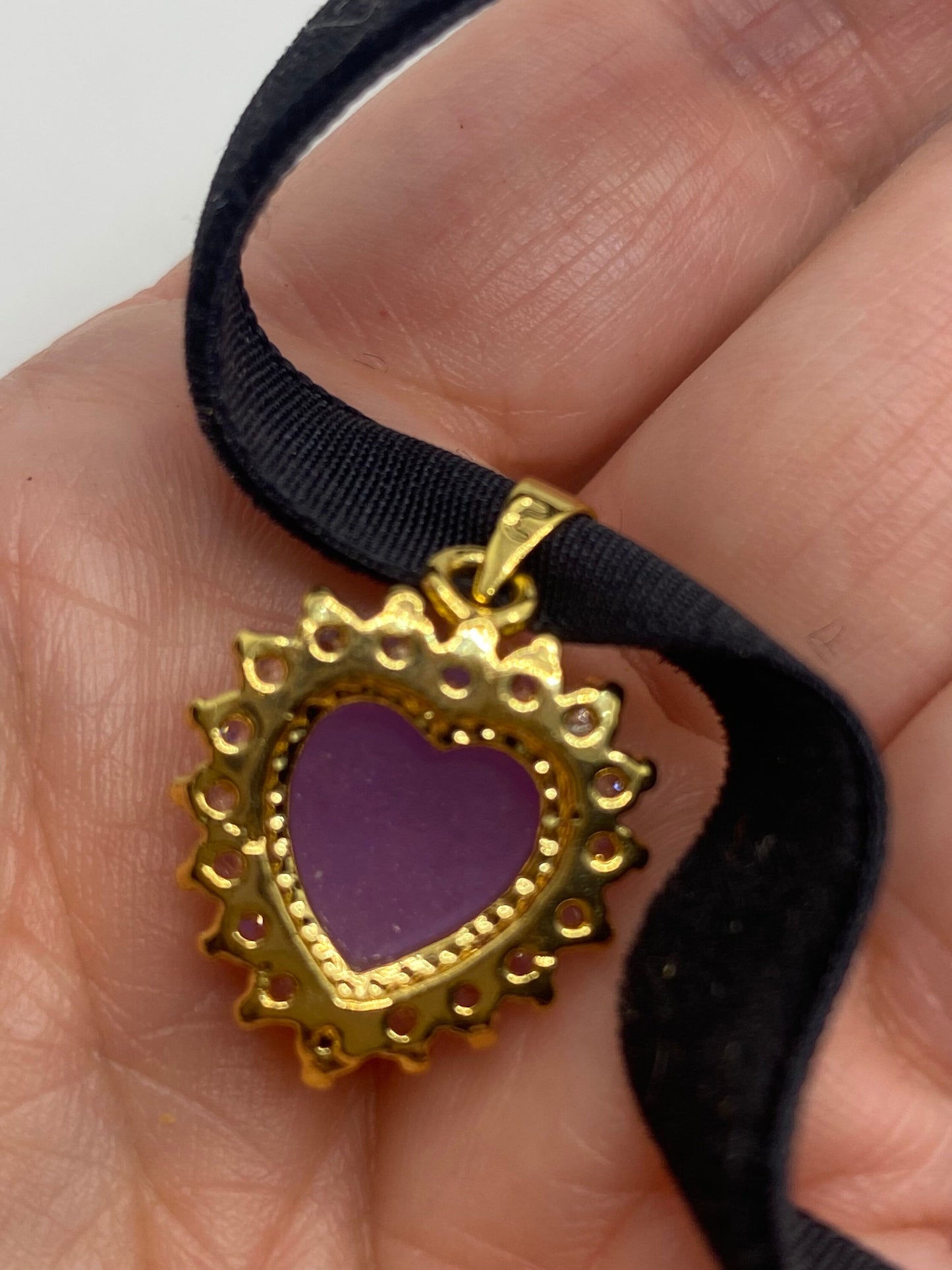Vintage Lavender Jade Heart Choker Gold Bronze Necklace Pendant