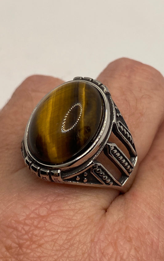 Vintage Stainless Steel Tigers Eye Ring Size 12