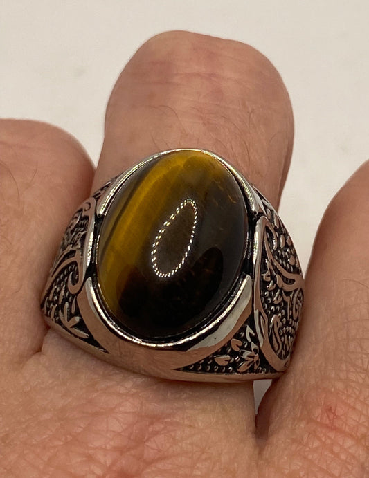 Vintage Stainless Steel Tigers Eye Ring Size 11