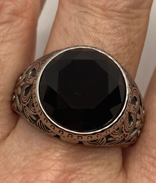 Vintage Stainless Steel Black Onyx Ring Size 12