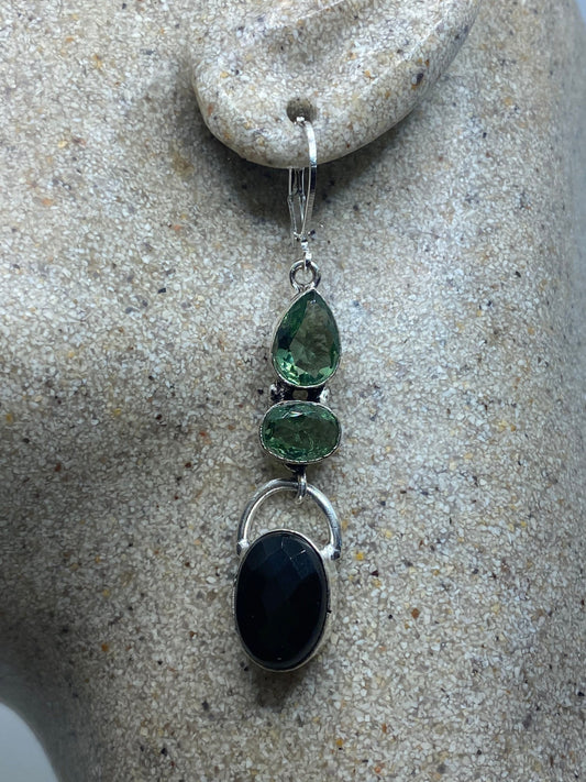 Vintage Black Onyx Green Fluorite 925 Sterling Silver Deco Dangle Chandelier