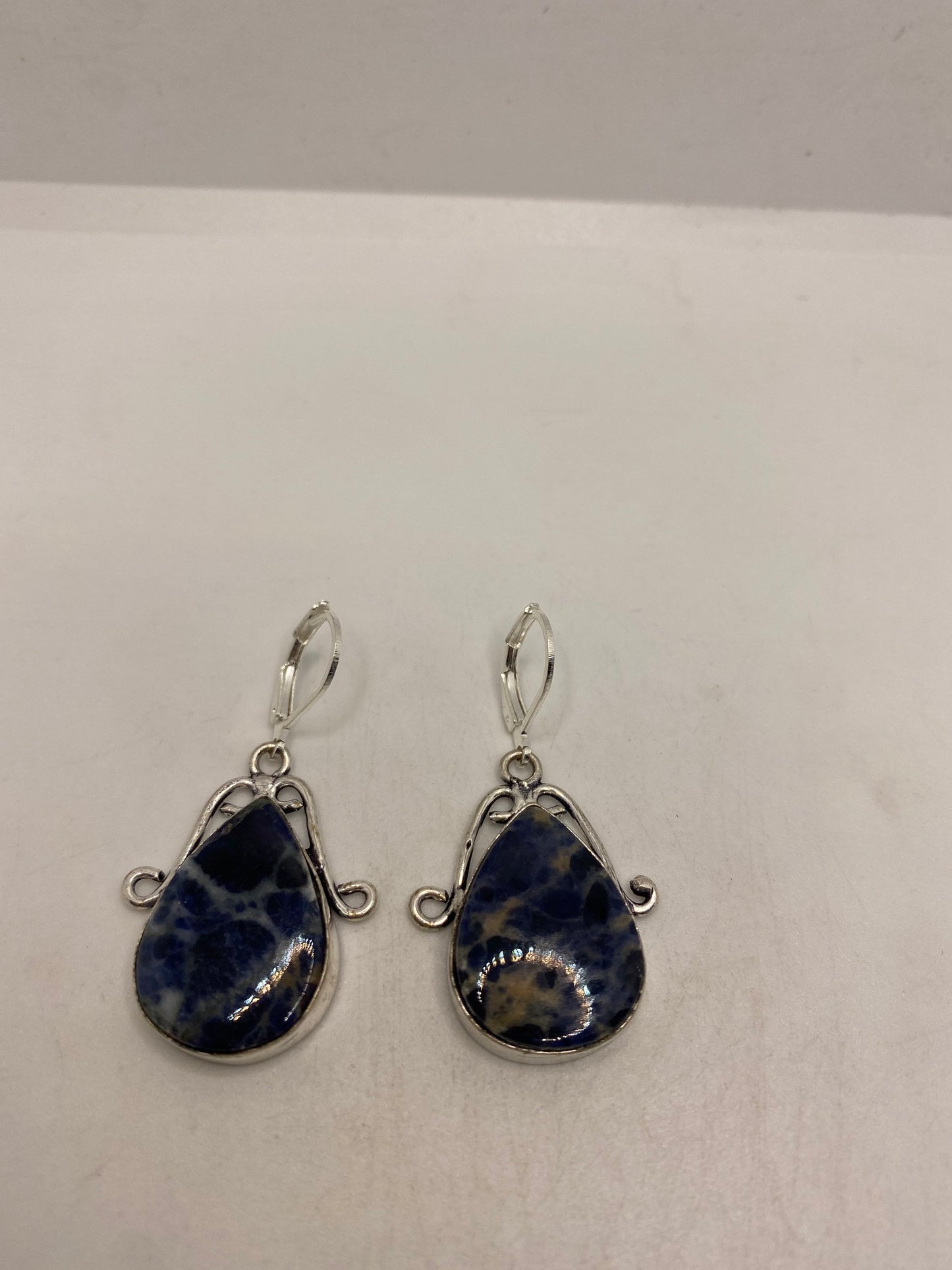 Vintage Blue Lapis Lazuli Earrings Silver Dangle