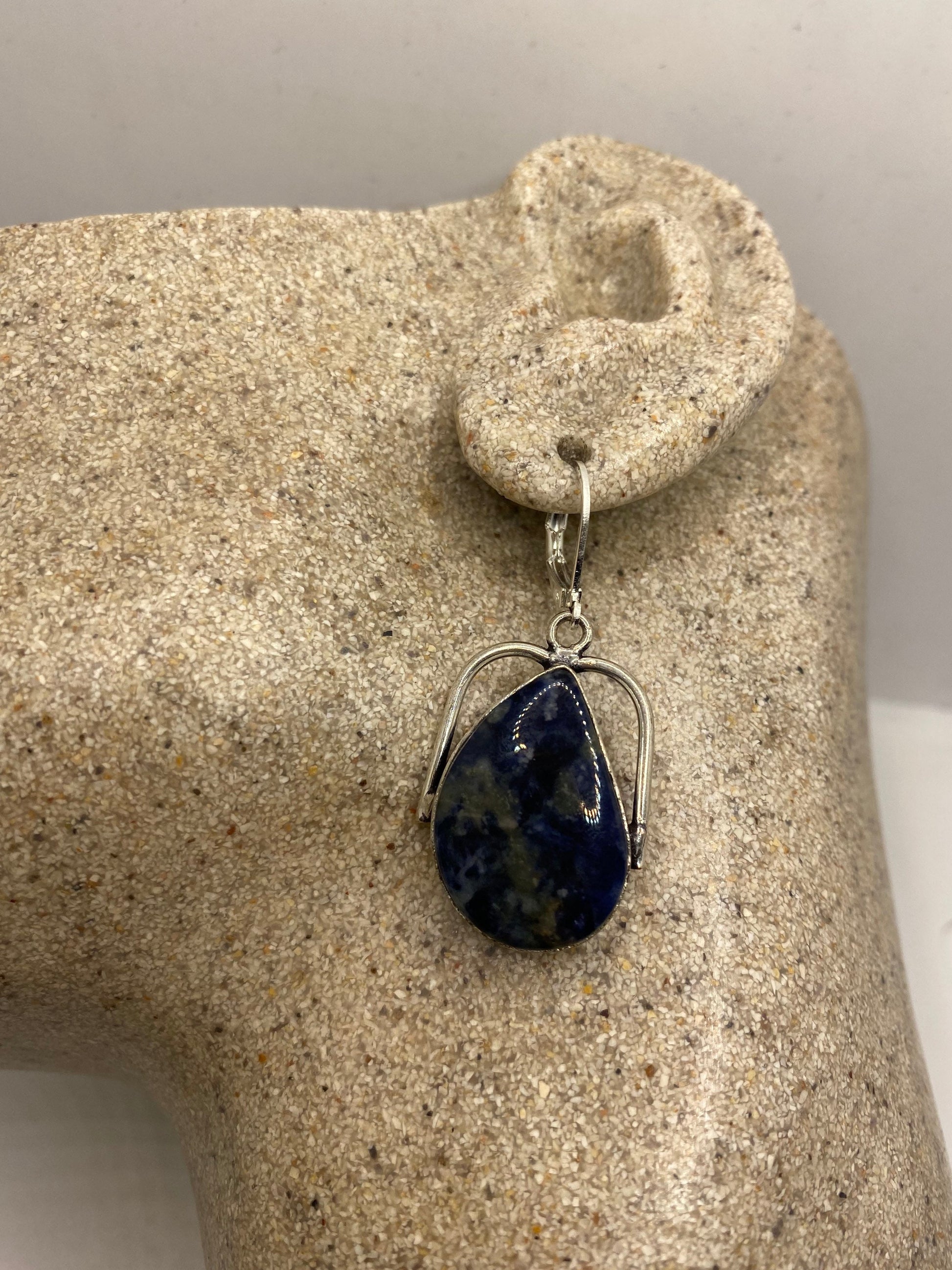 Vintage Blue Lapis Lazuli Earrings Silver Dangle