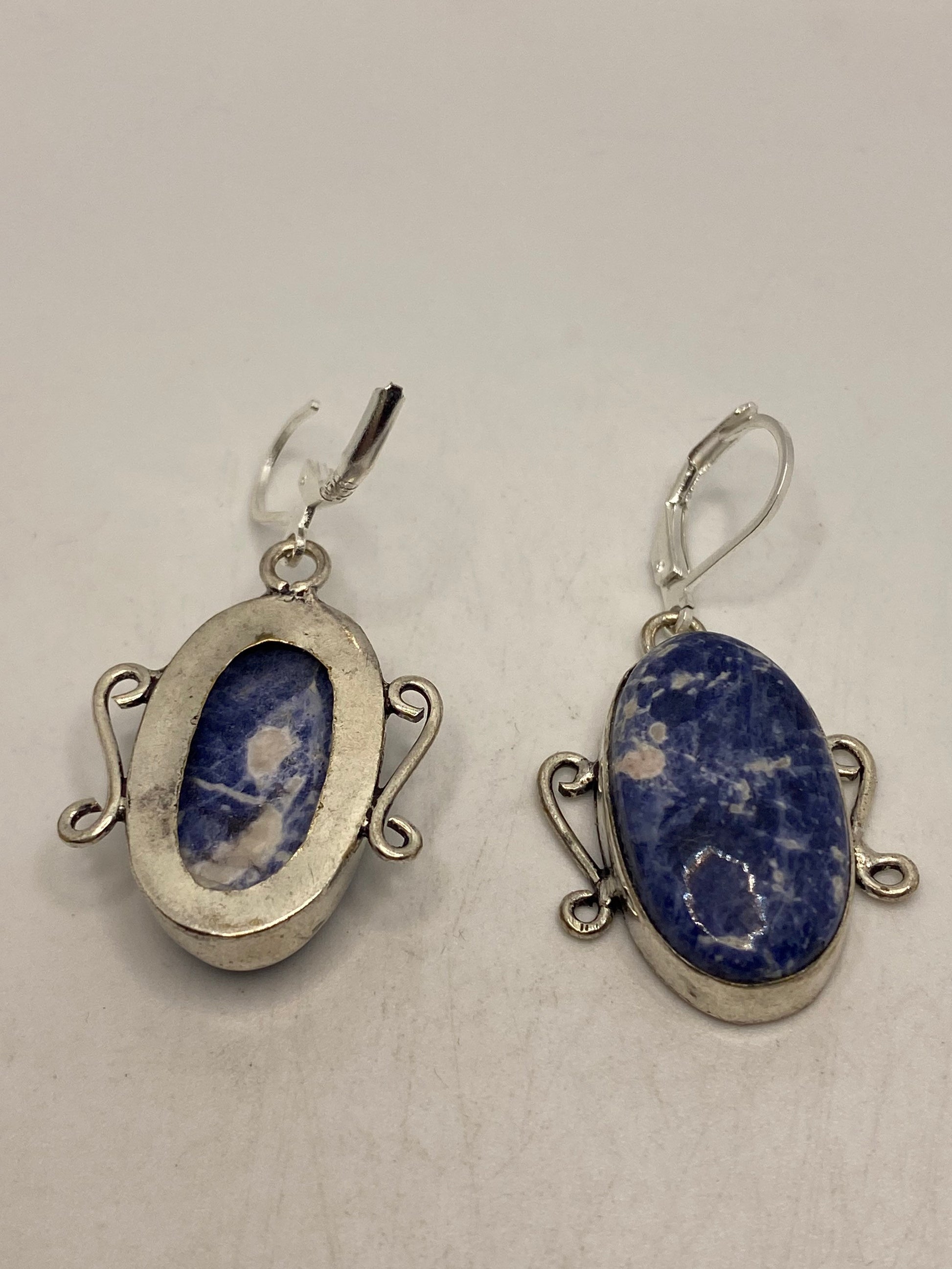 Vintage Blue Lapis Lazuli Earrings Silver Dangle