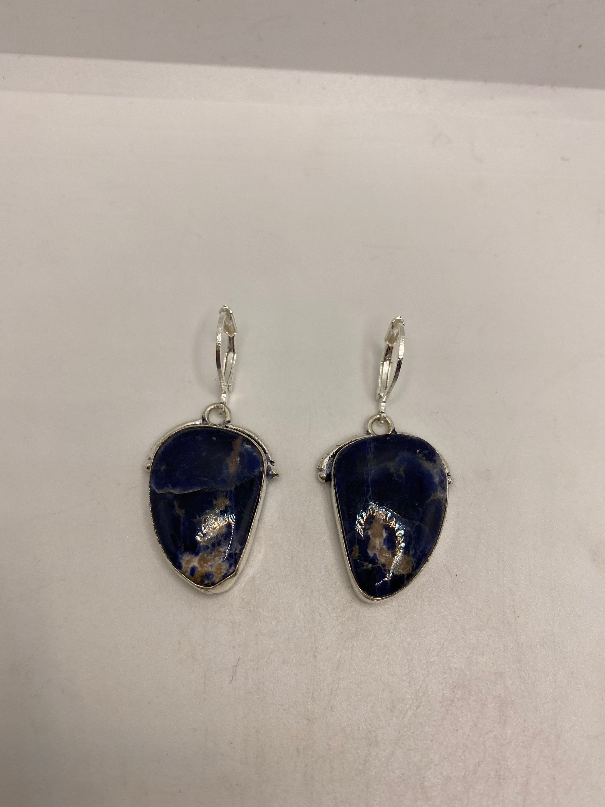 Vintage Blue Lapis Lazuli Earrings Silver Dangle