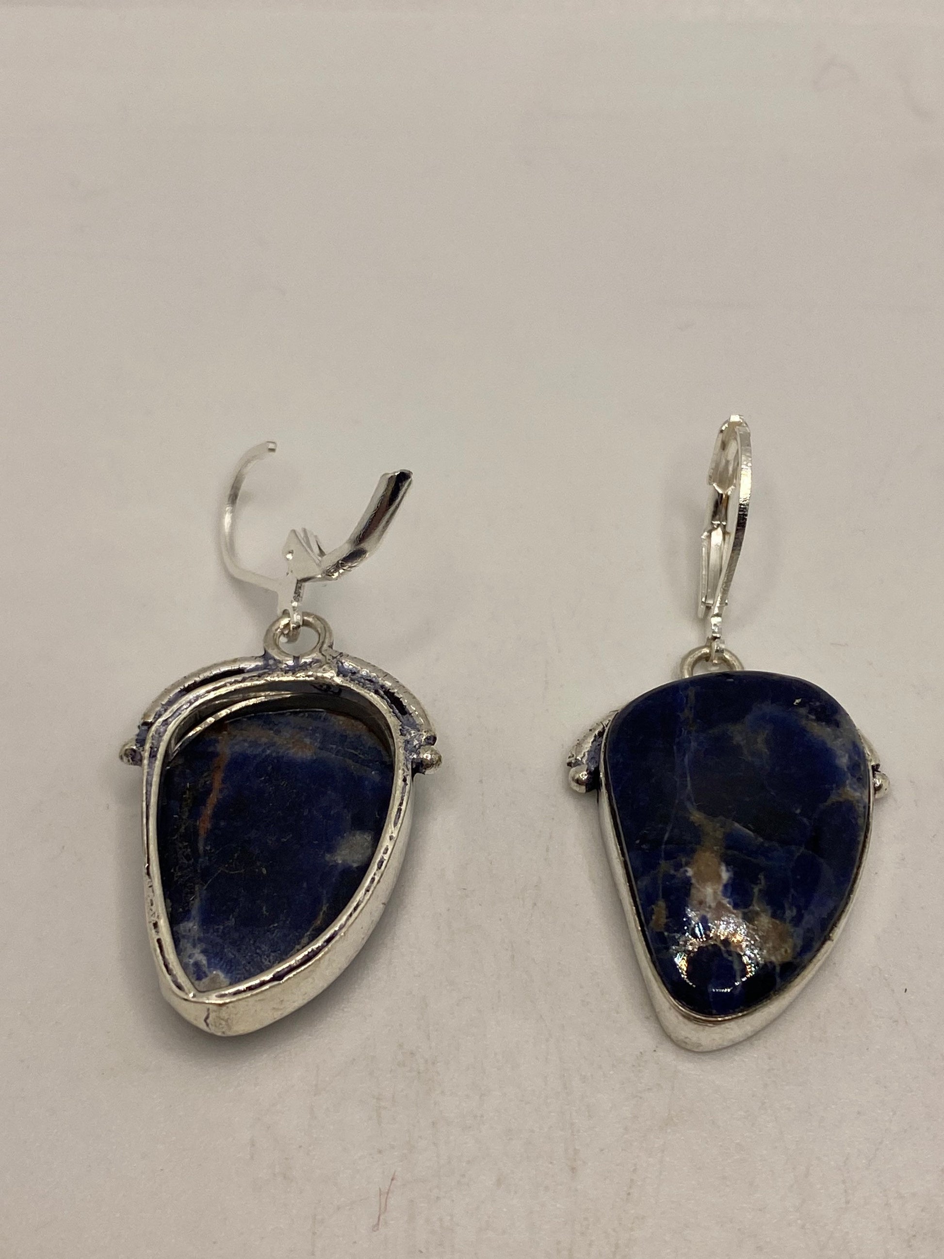 Vintage Blue Lapis Lazuli Earrings Silver Dangle