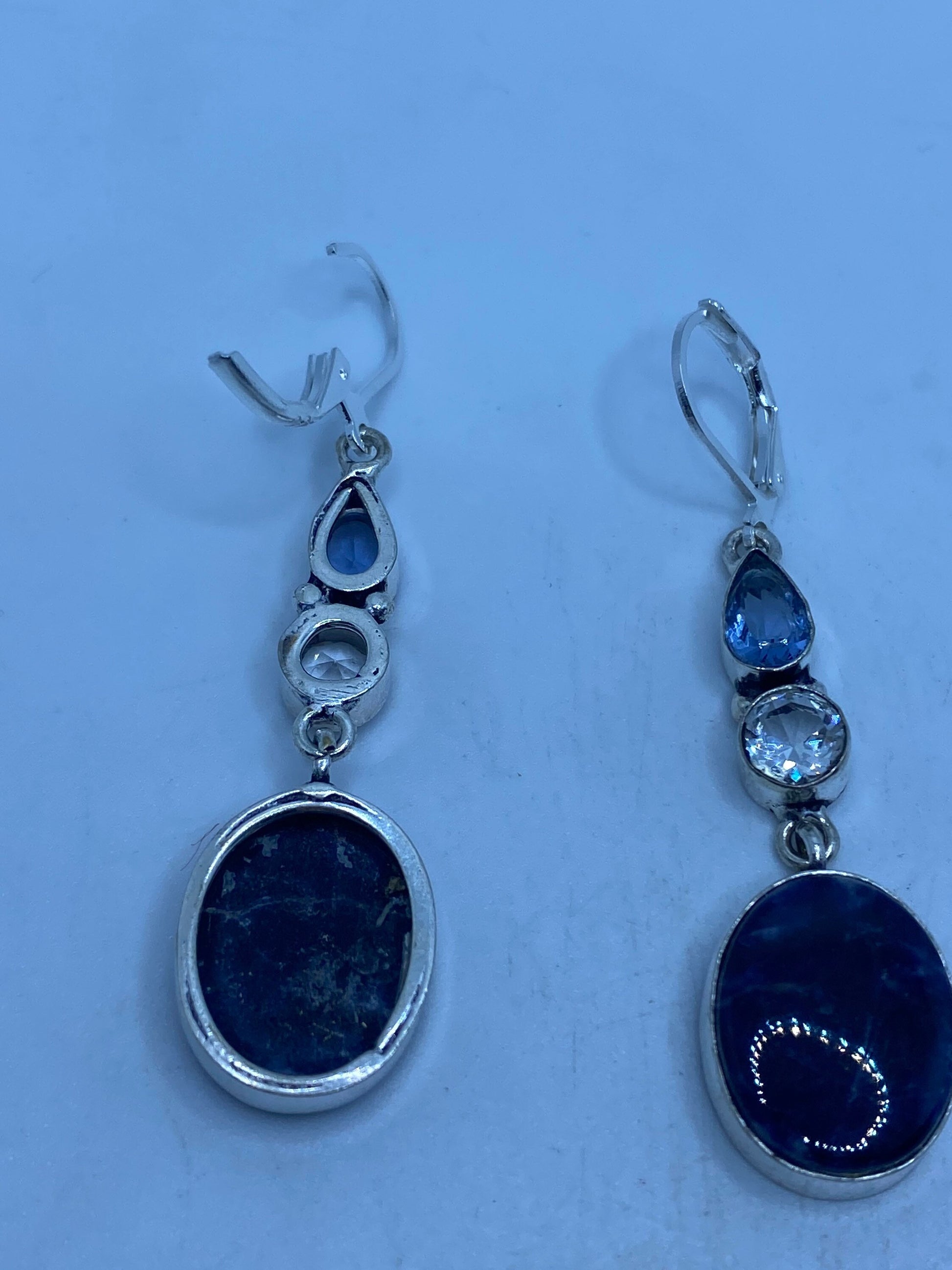 Vintage Blue Lapis Lazuli Iolite Earrings Silver Dangle