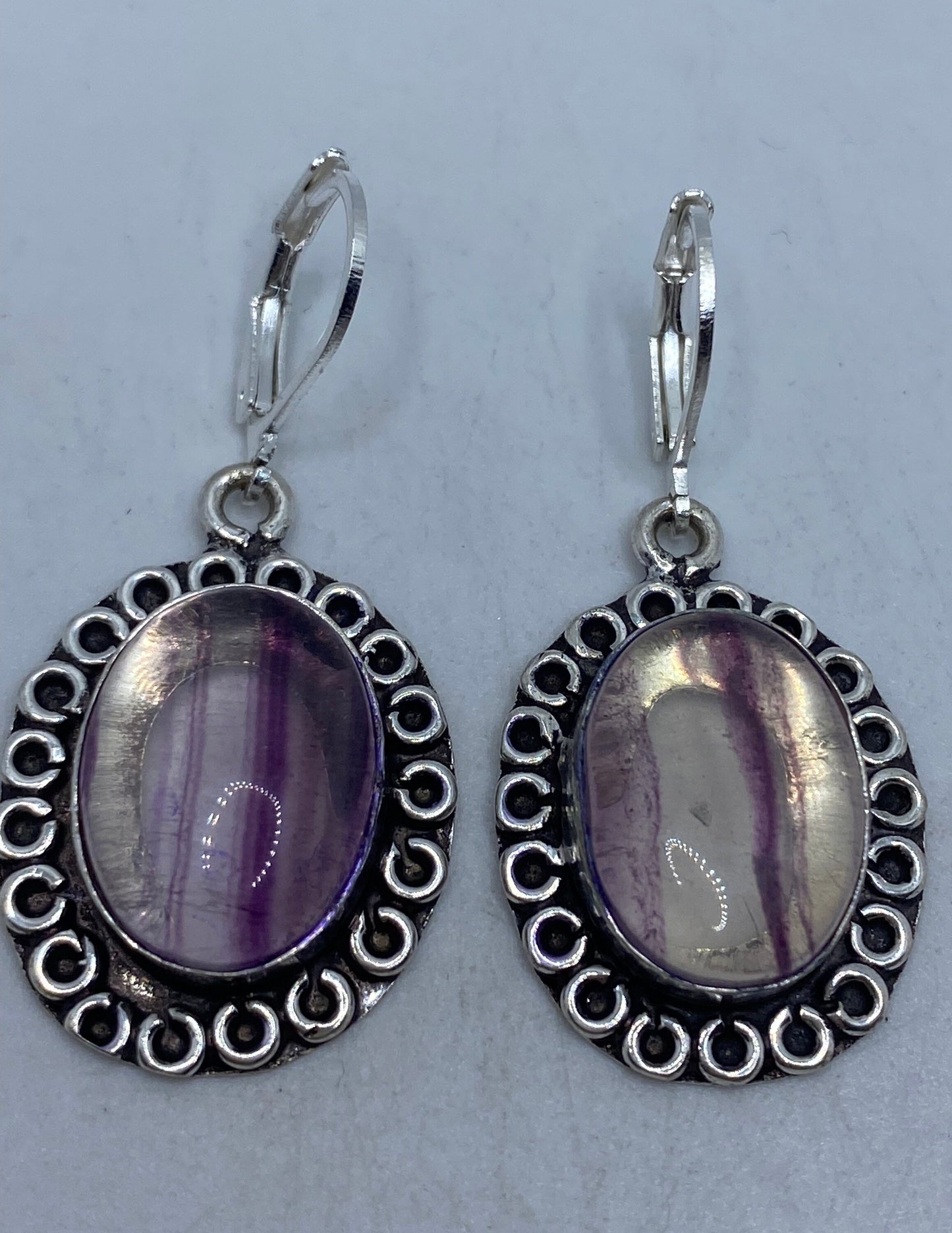 Vintage Purple Green Fluorite Silver Deco Dangle Earrings Antique