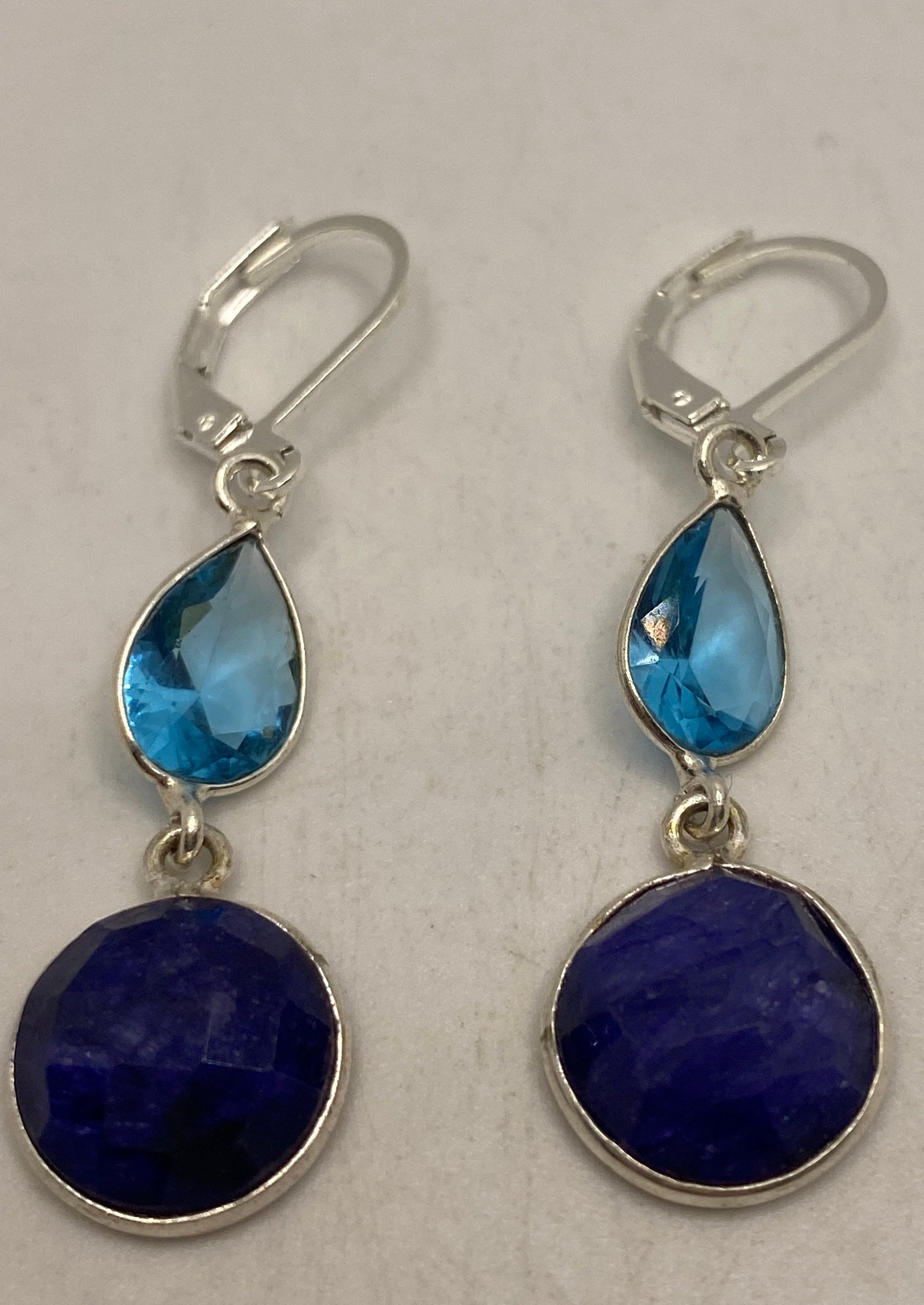 Vintage Blue Raw Sapphire Sterling Silver Lever Back Chandelier Earrings