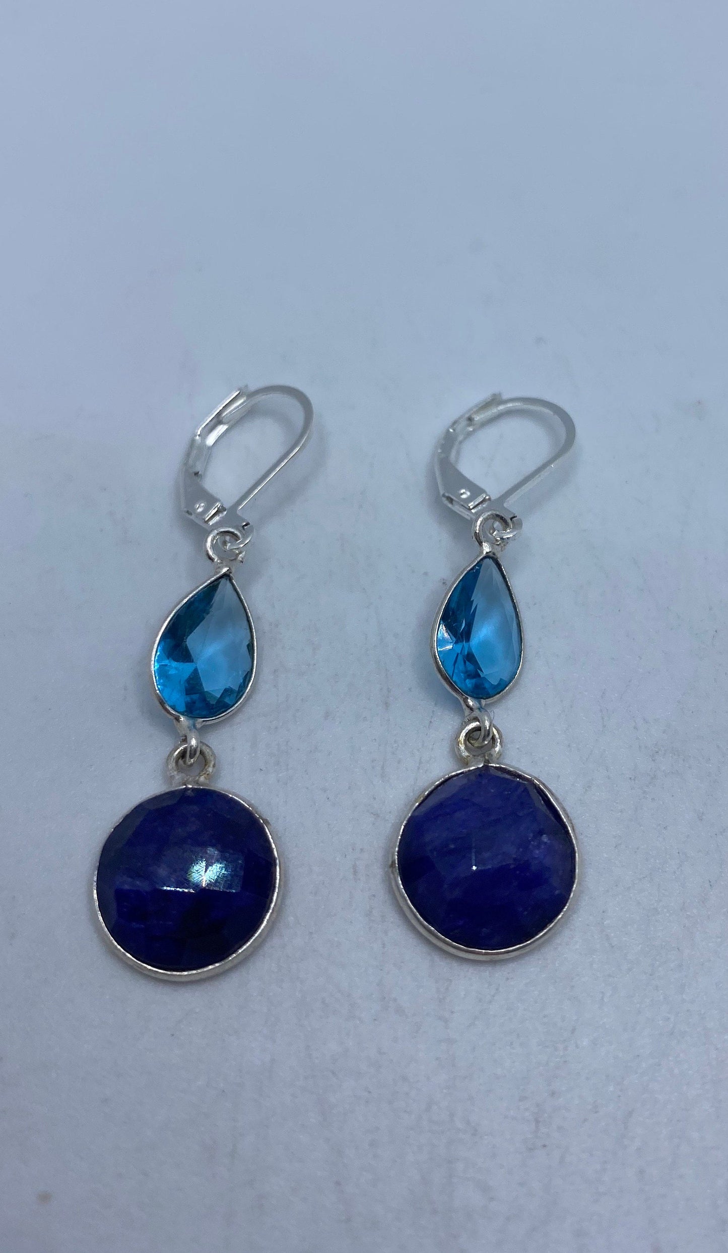 Vintage Blue Raw Sapphire Sterling Silver Lever Back Chandelier Earrings