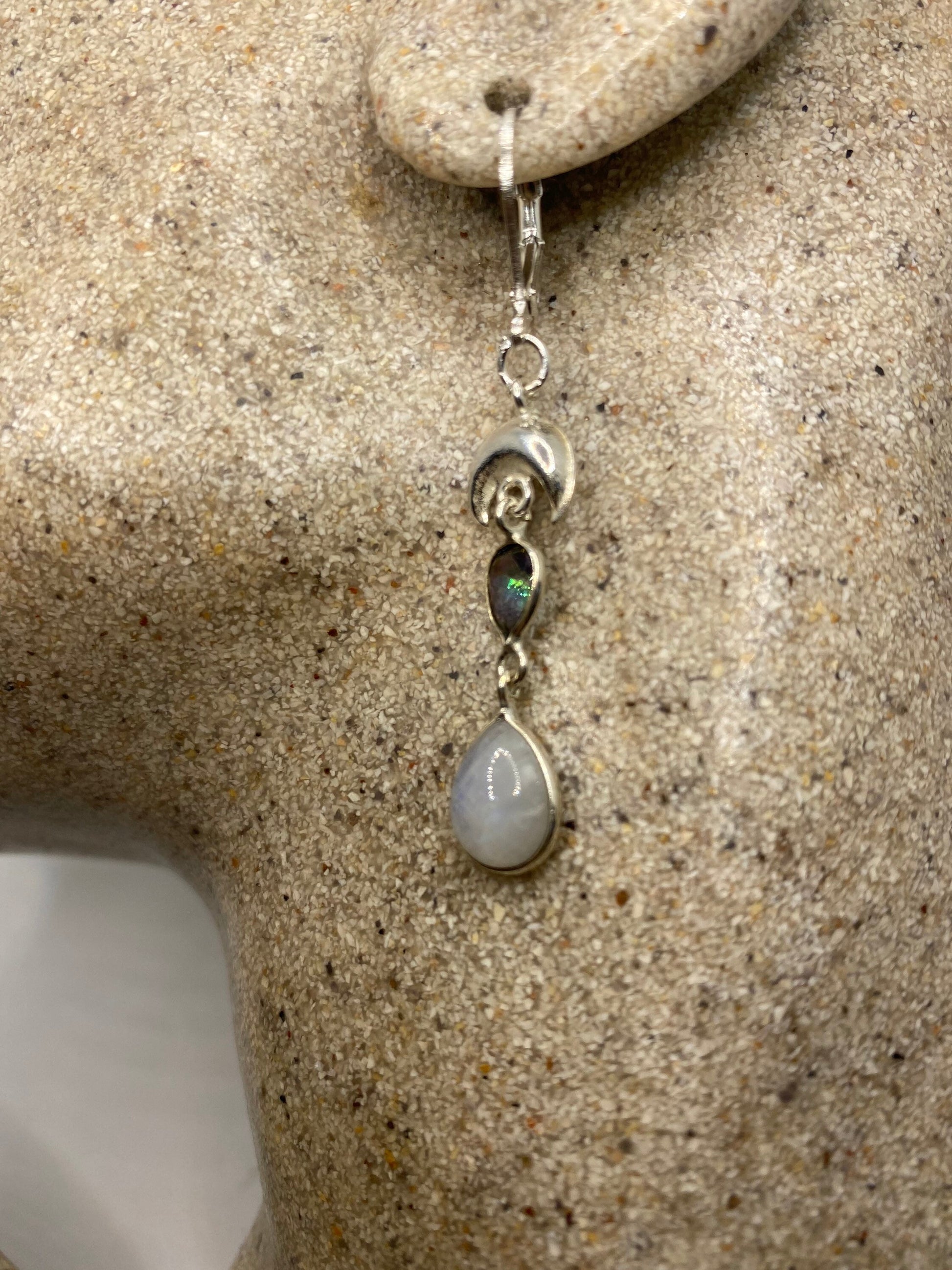 Vintage Rainbow Moonstone Sterling Silver Lever Back Dangle Earrings