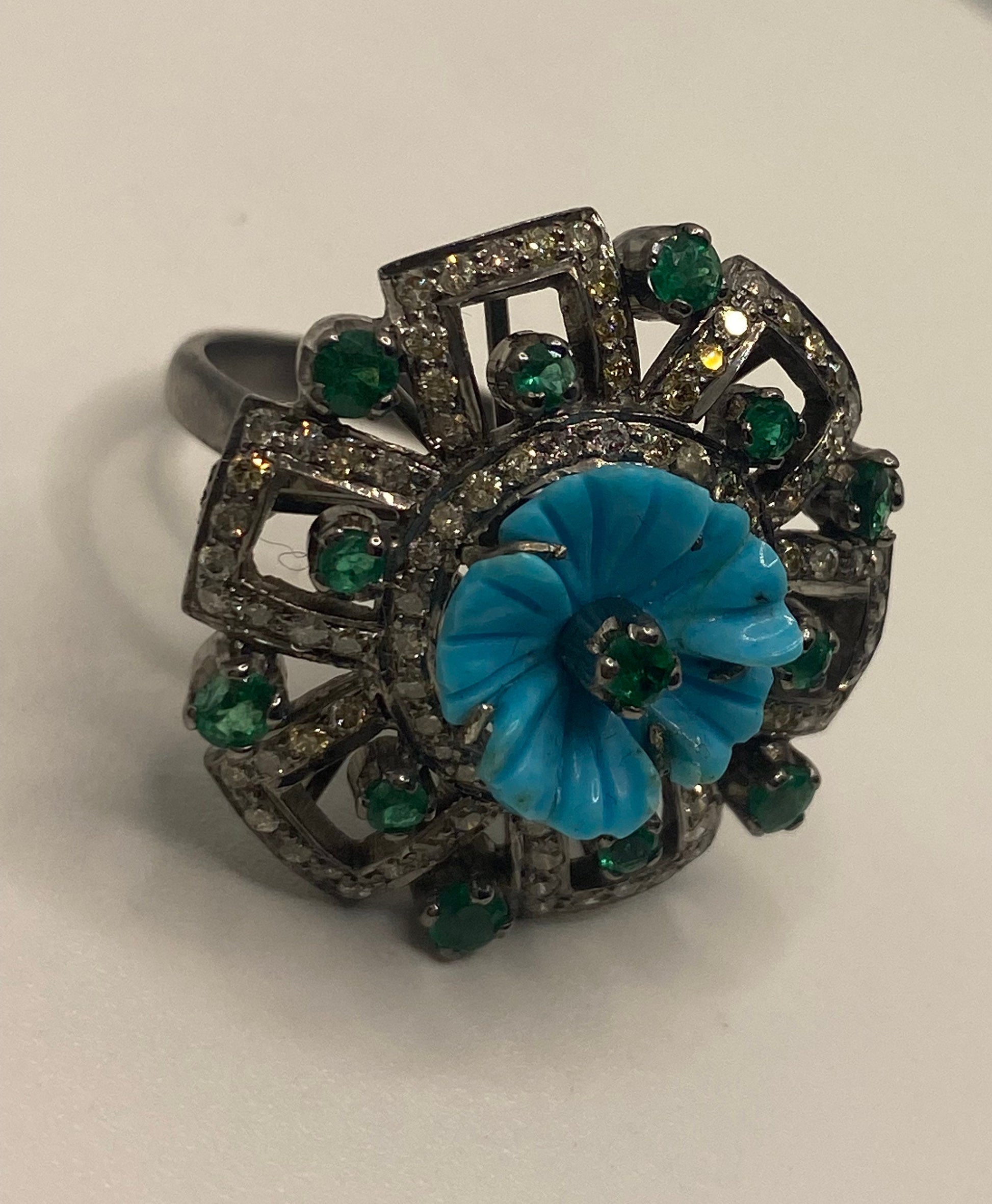 Vintage Persian Turquoise Emerald Campaign Diamond Cocktail Ring 925 Sterling Silver Size 7