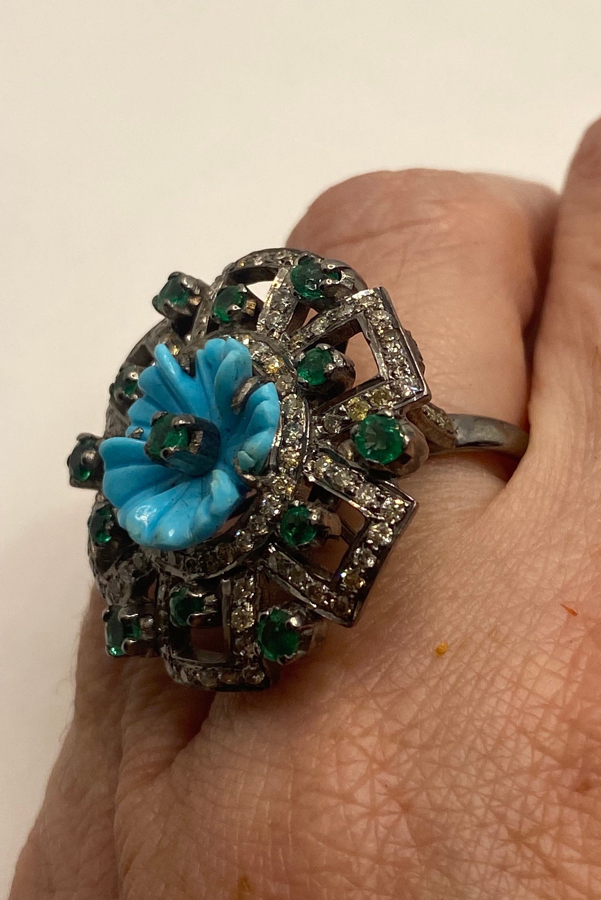 Vintage Persian Turquoise Emerald Campaign Diamond Cocktail Ring 925 Sterling Silver Size 7