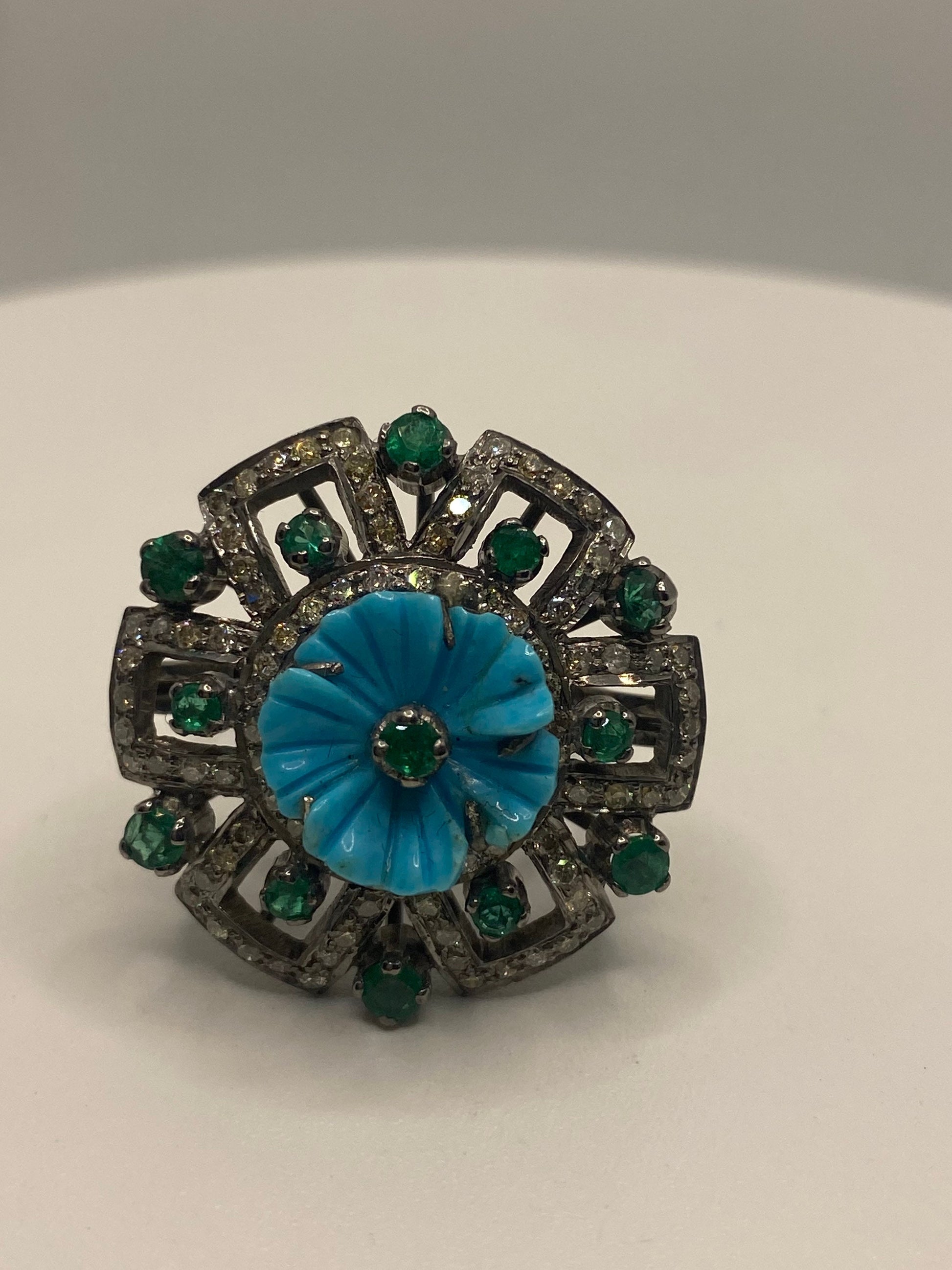 Vintage Persian Turquoise Emerald Campaign Diamond Cocktail Ring 925 Sterling Silver Size 7