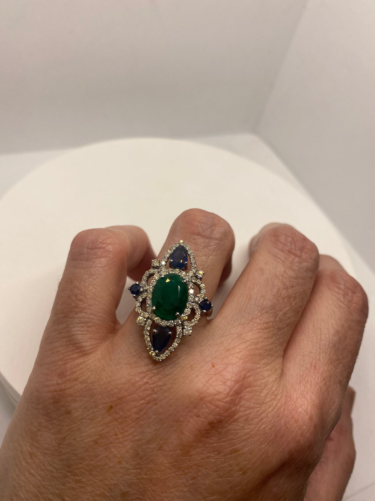 Vintage Emerald Sapphire Diamond Cocktail Ring 925 Sterling Silver Size 7