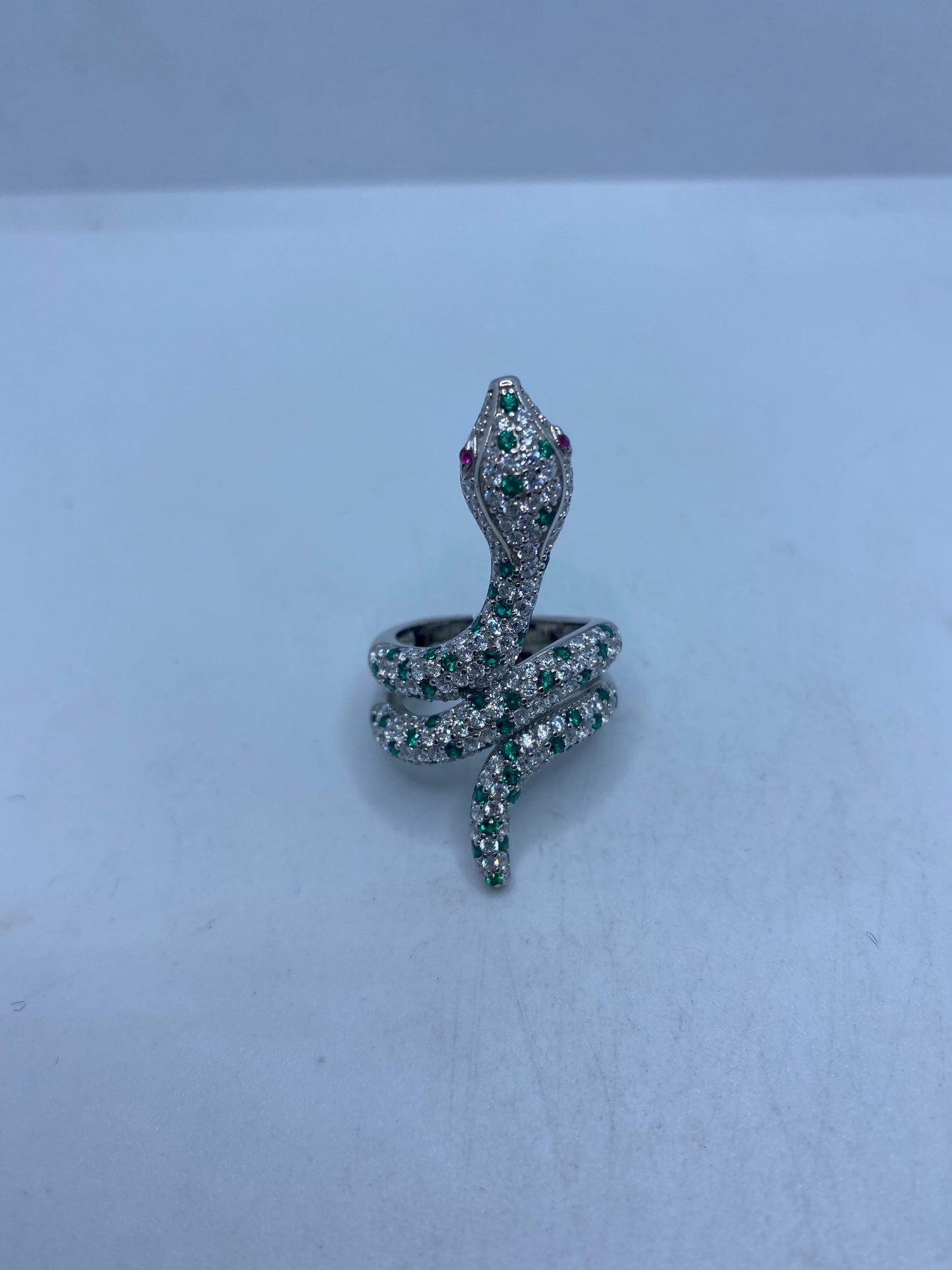 Vintage Snake Ring 925 Sterling Silver Crystal Size 9