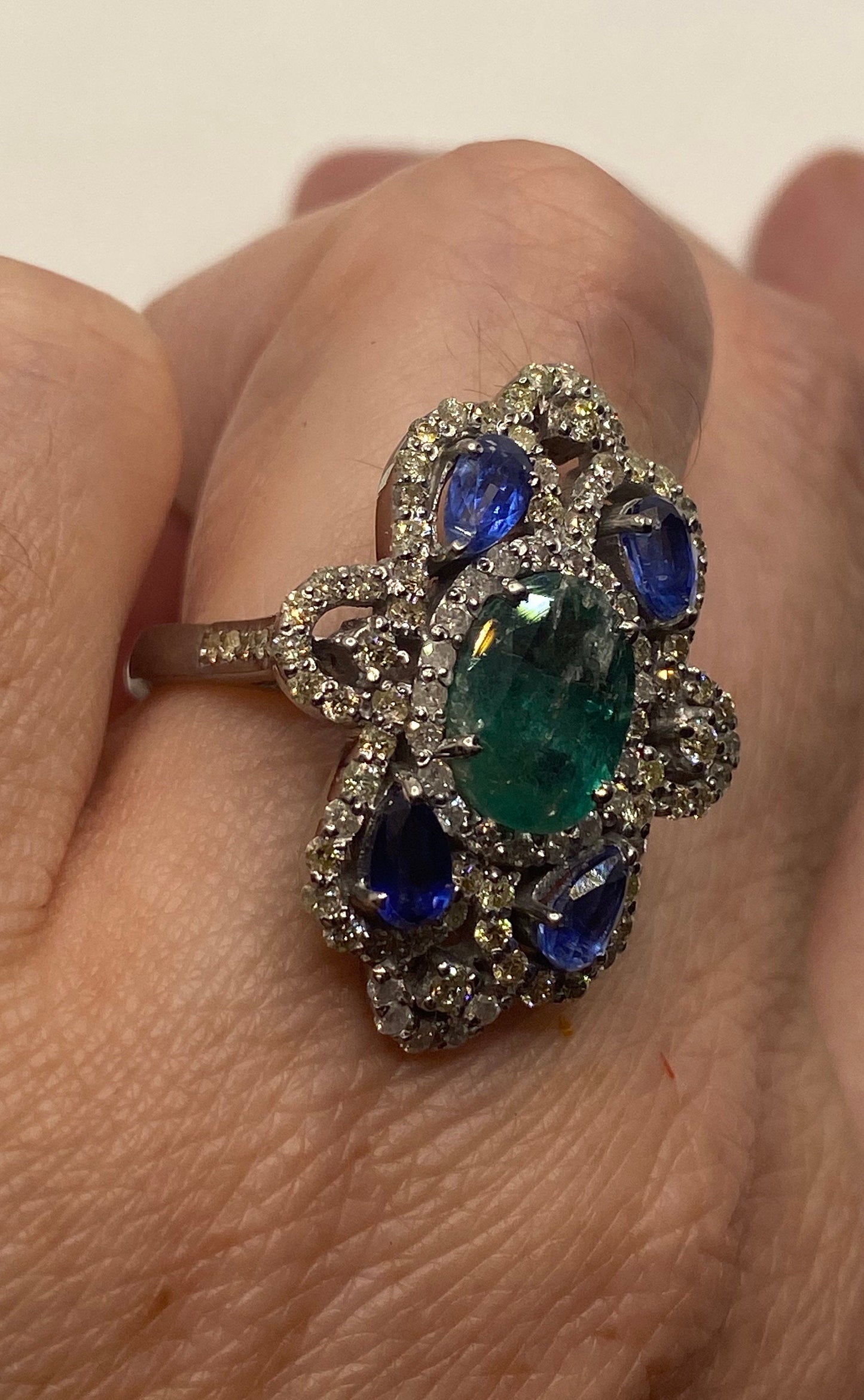 Vintage Emerald Tanzanite Diamond Cocktail Ring 925 Sterling Silver Size 6.5