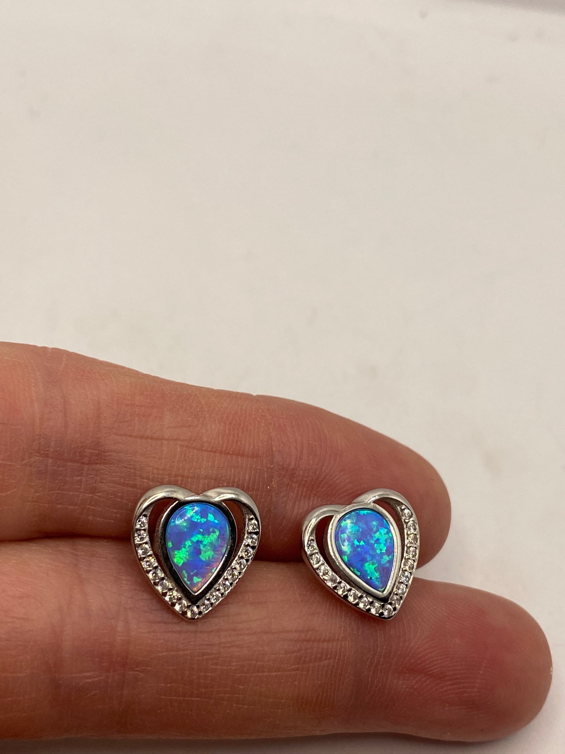 Vintage Opal Heart Earrings 925 Sterling Silver Stud Button