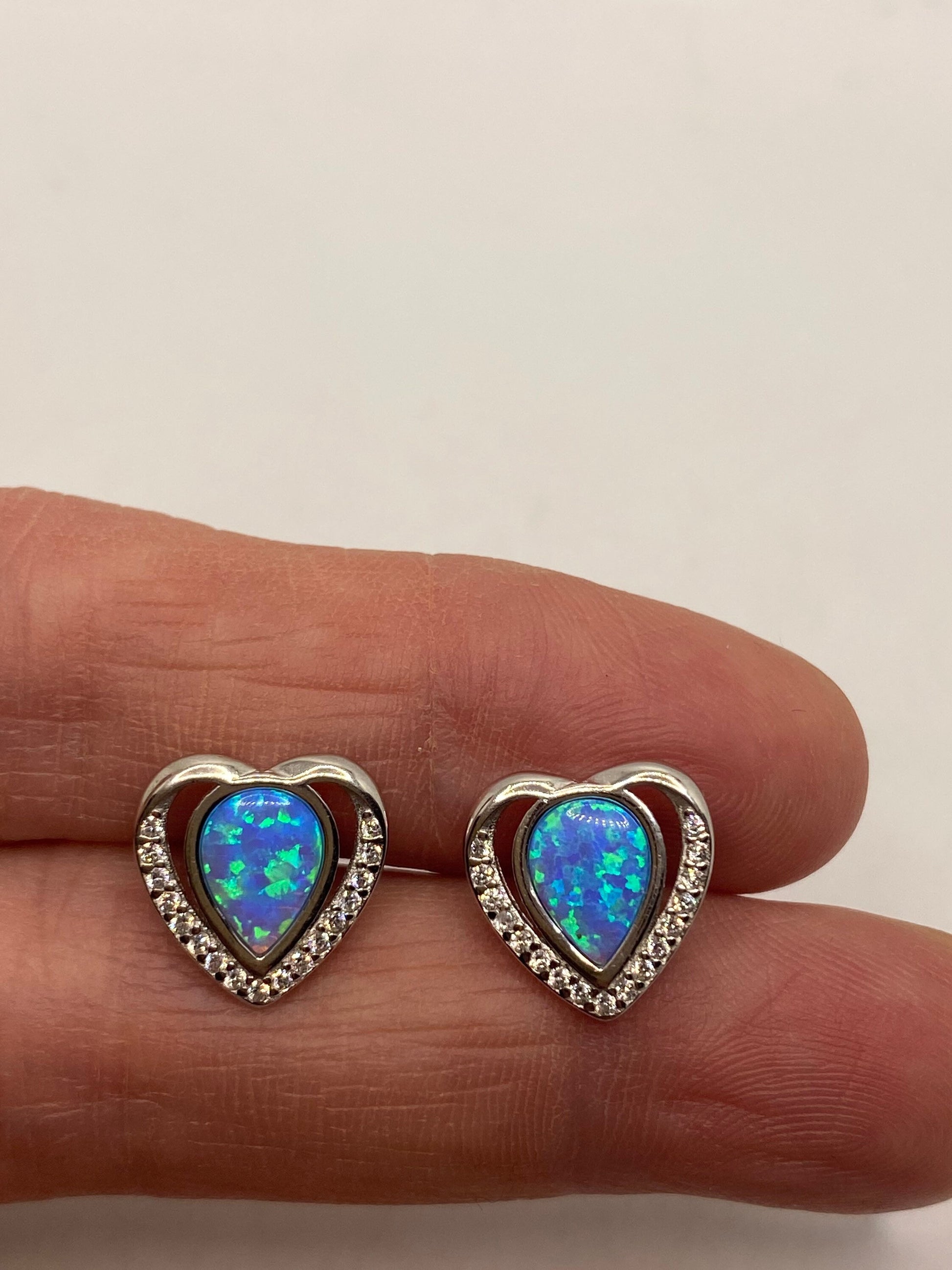 Vintage Opal Heart Earrings 925 Sterling Silver Stud Button