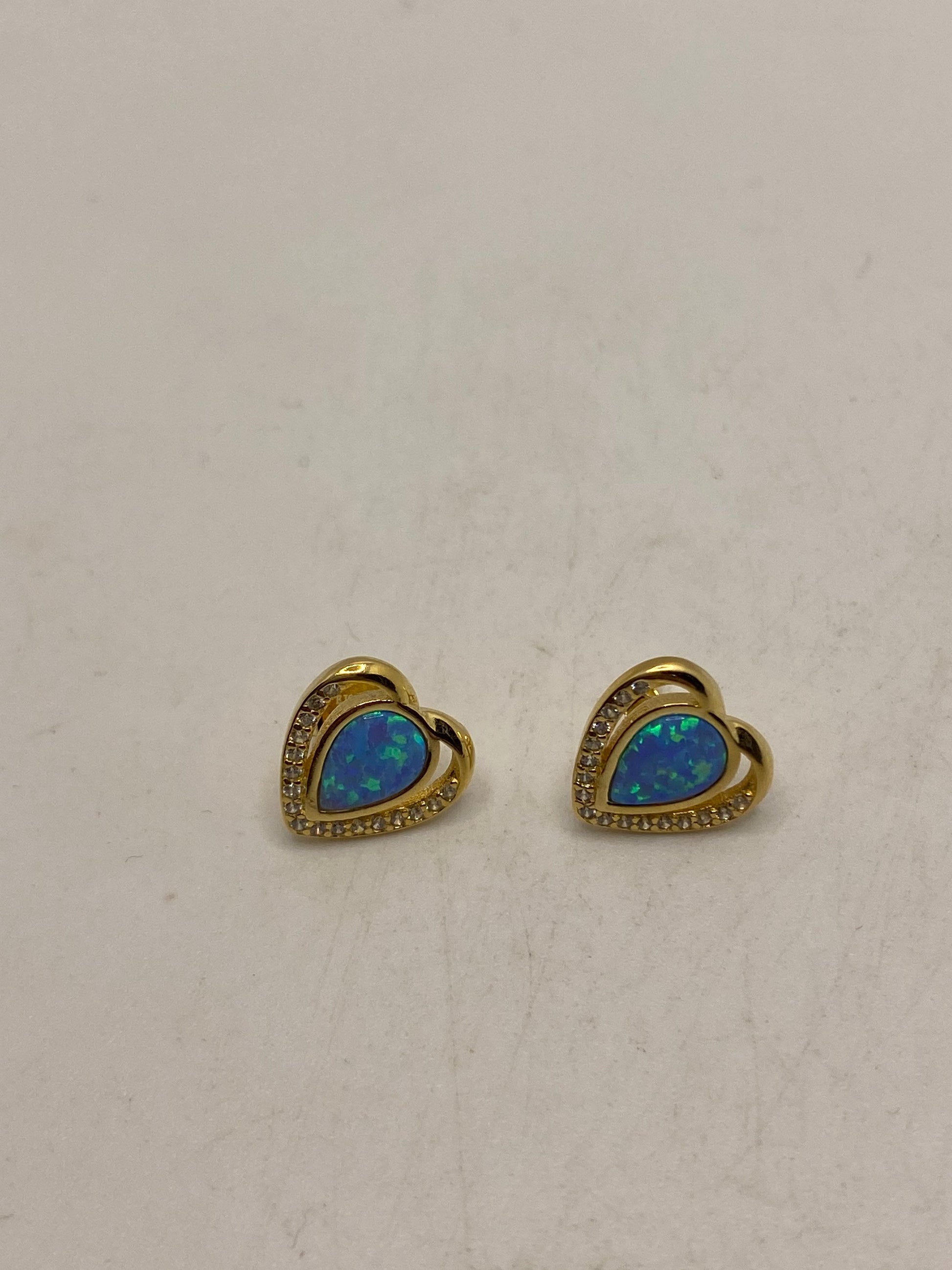 Vintage Opal Heart Earrings Golden 925 Sterling Silver Stud Button